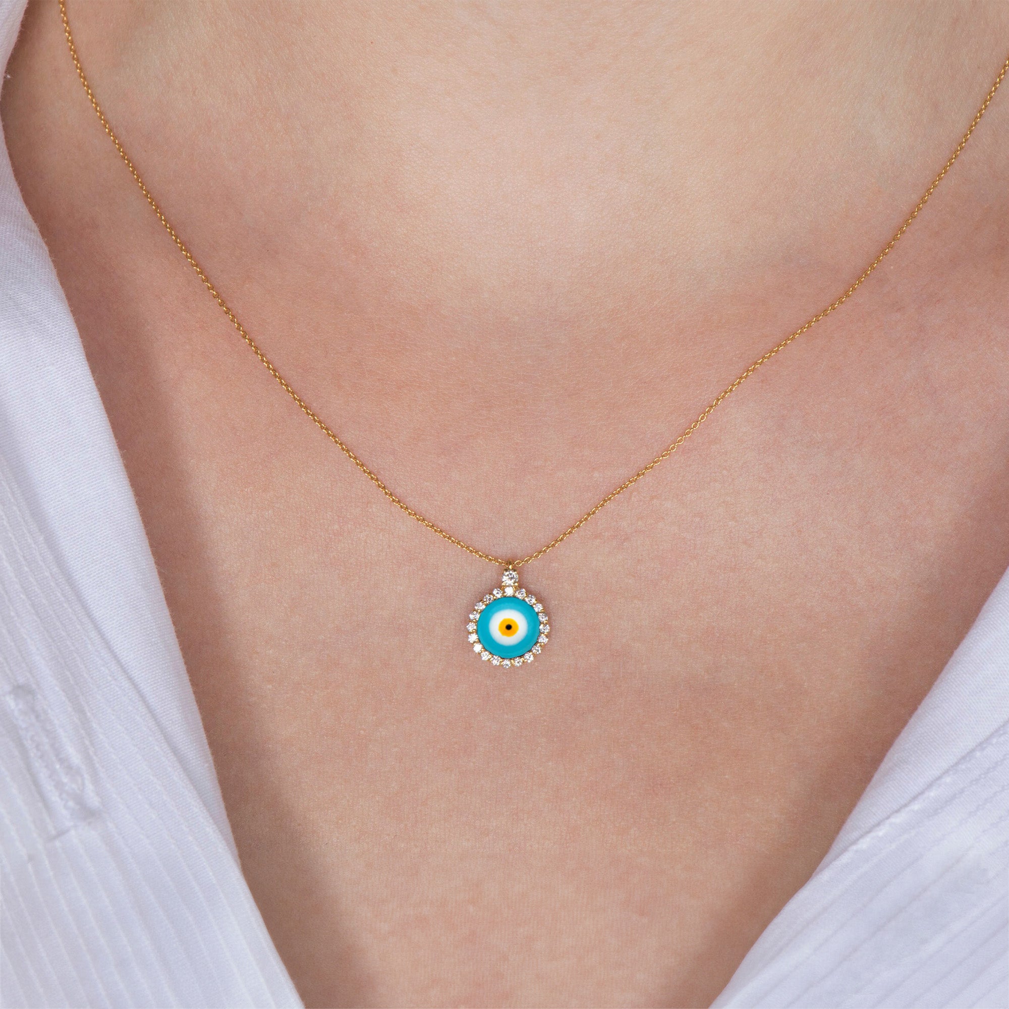 Mini Traditional Diamond Evil Eye Necklace in 18K Gold