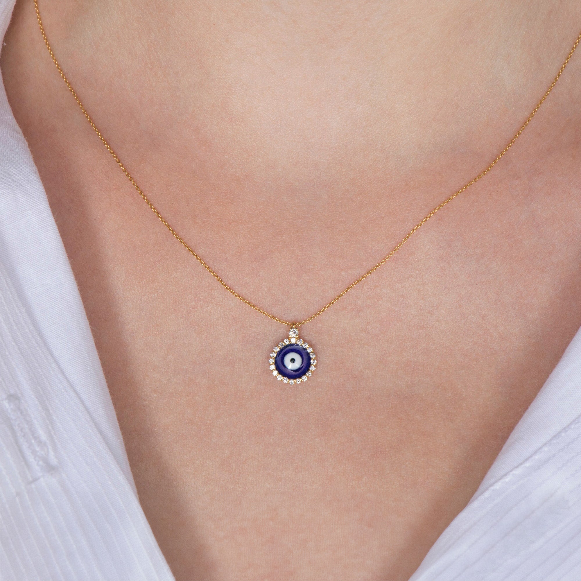 Mini Navy Blue Diamond Evil Eye Necklace in 18K Gold