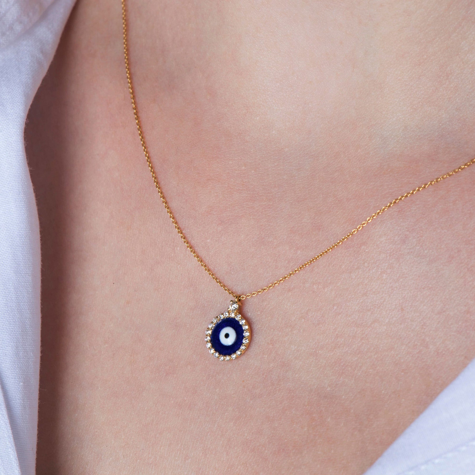 Mini Navy Blue Diamond Evil Eye Necklace in 18K Gold