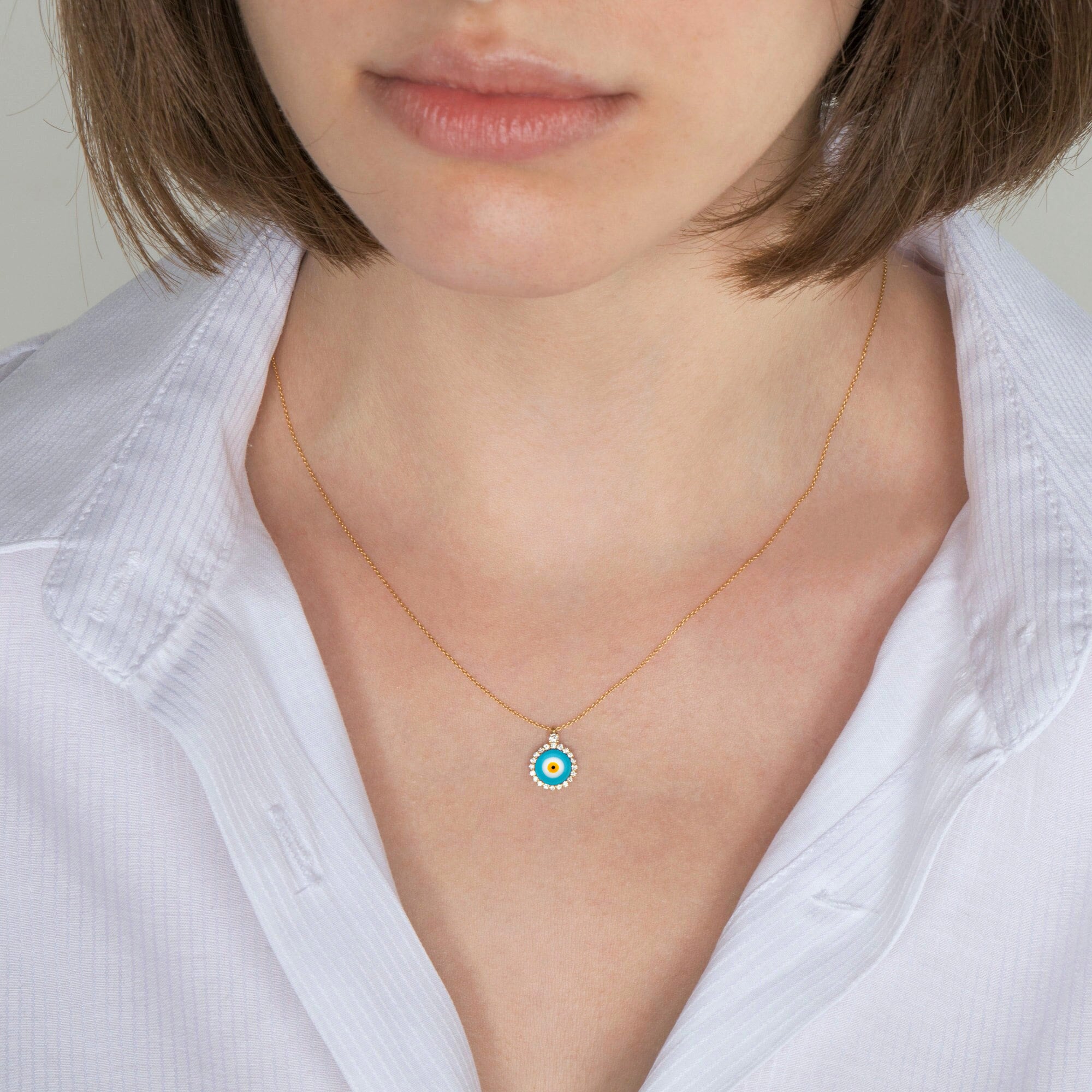 Mini Traditional Diamond Evil Eye Necklace in 18K Gold