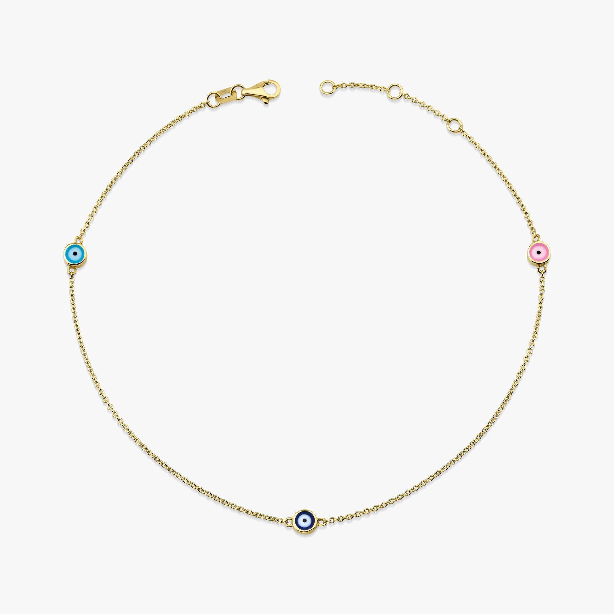 Three Multicolor Evil Eye Anklet in 14K Gold