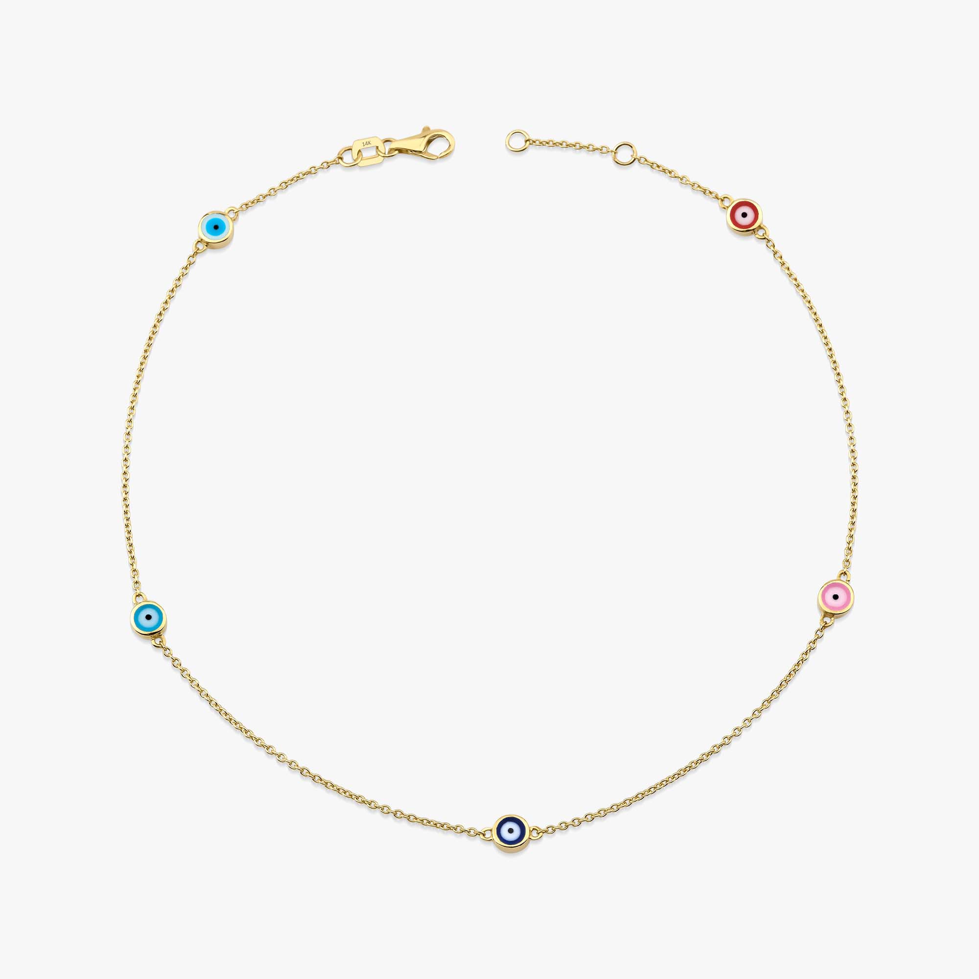 Five Multicolor Evil Eye Anklet in 14K Gold