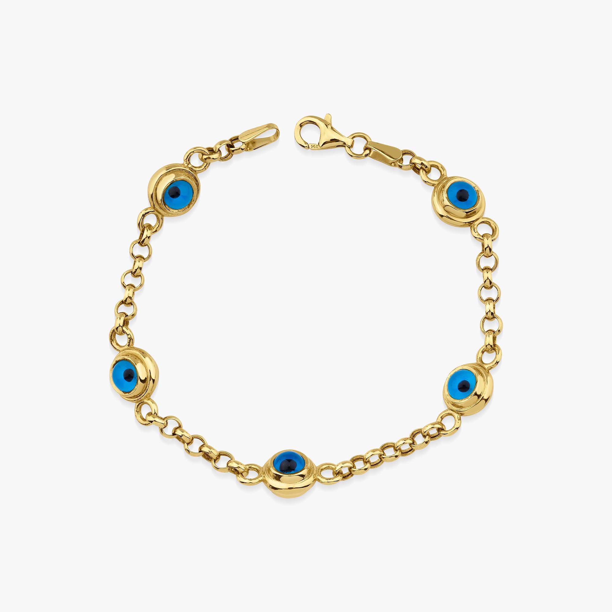 A 14K gold bracelet featuring a rolo chain design with five blue evil eye charms.