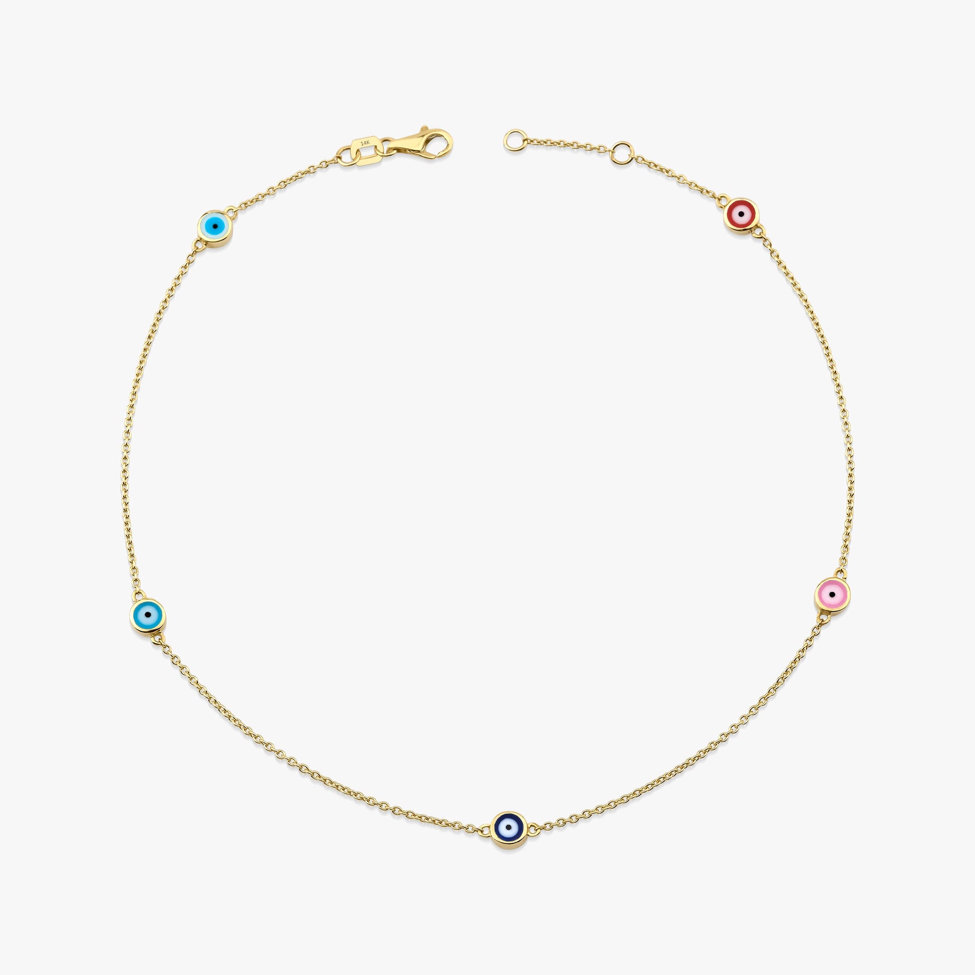 Five Multicolor Evil Eye Anklet in 14K Gold