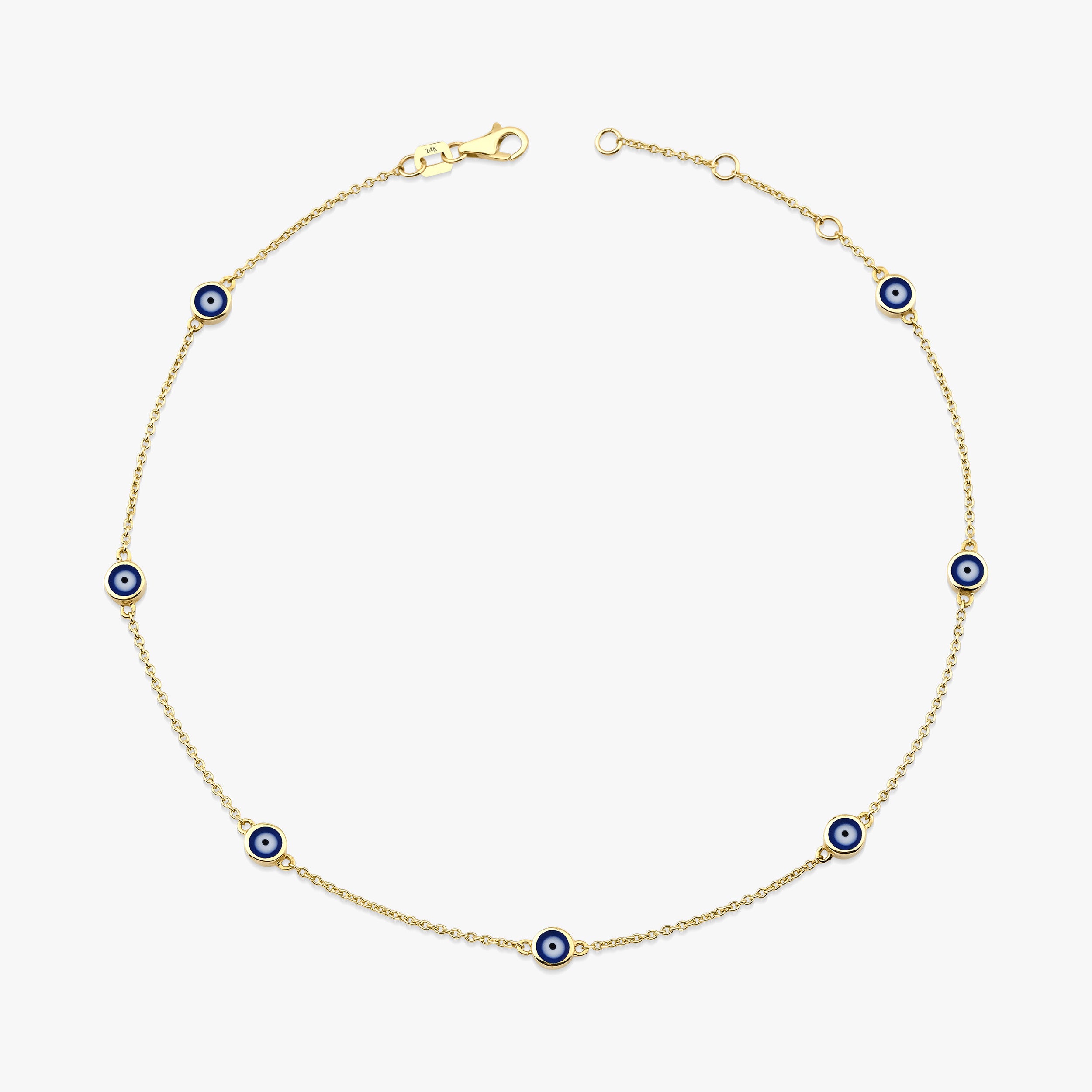Seven Navy Blue Evil Eye Anklet in 14K Gold