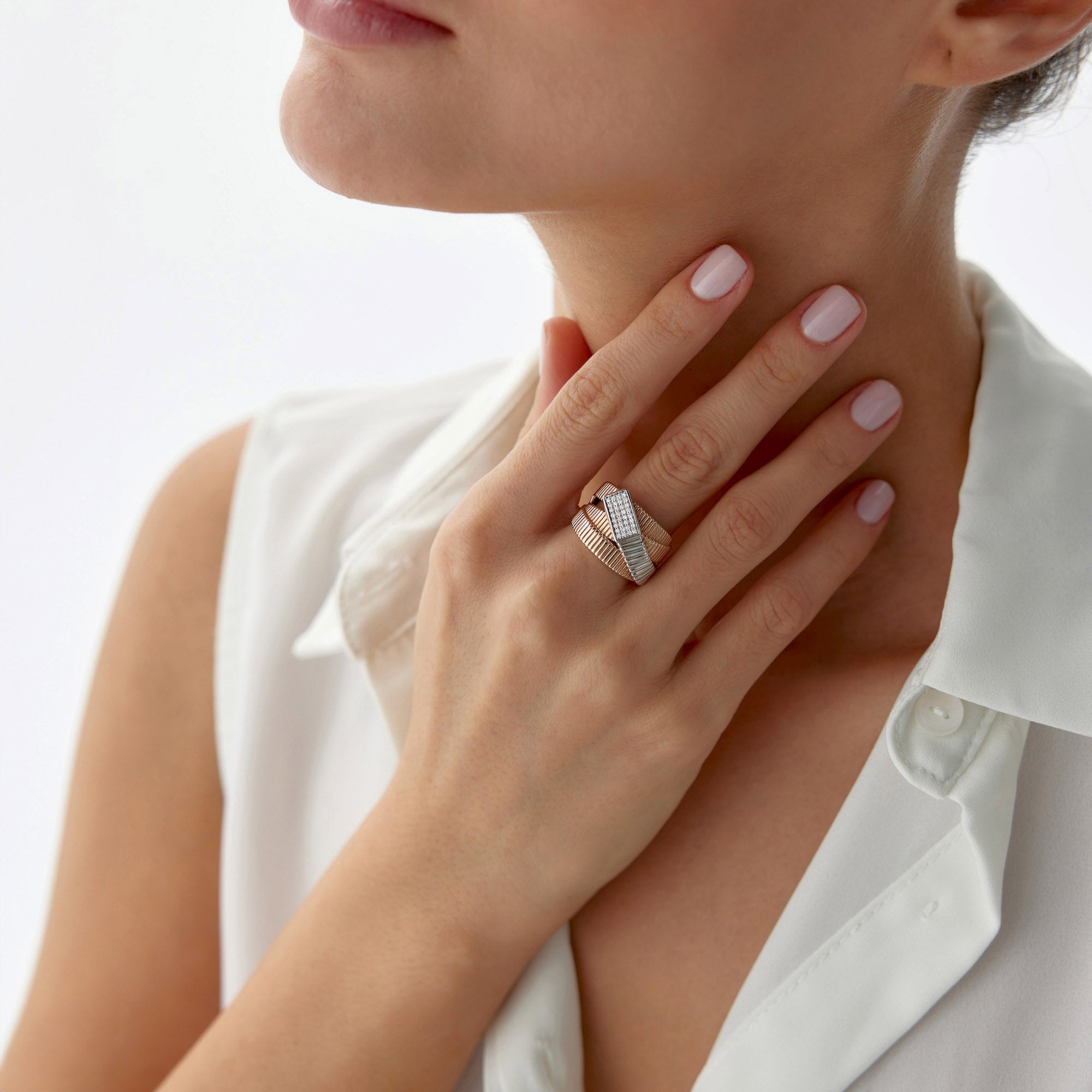 Two Tone Diamond Modern Crossover Ring in 14K Gold