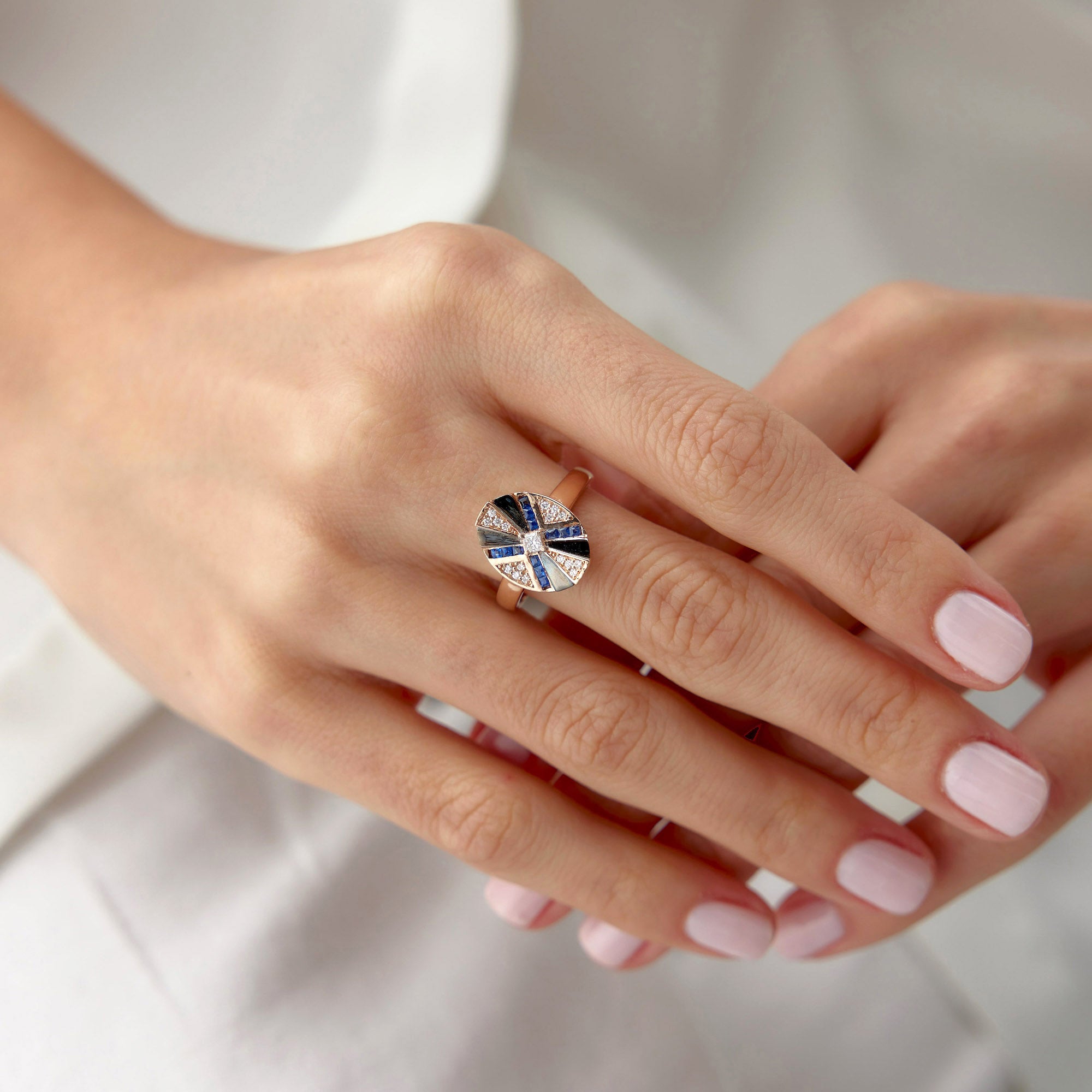 Blue Sapphire and Diamond X Ring
