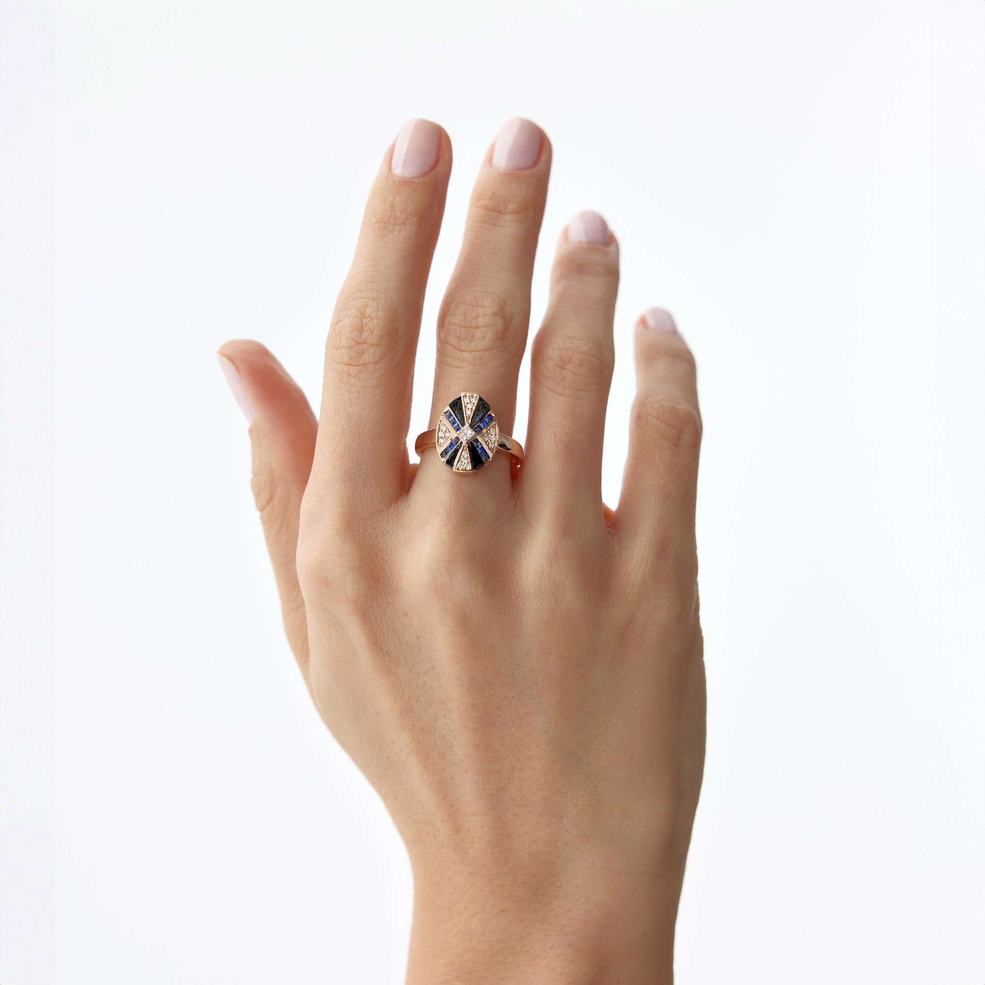 Blue Sapphire and Diamond X Ring