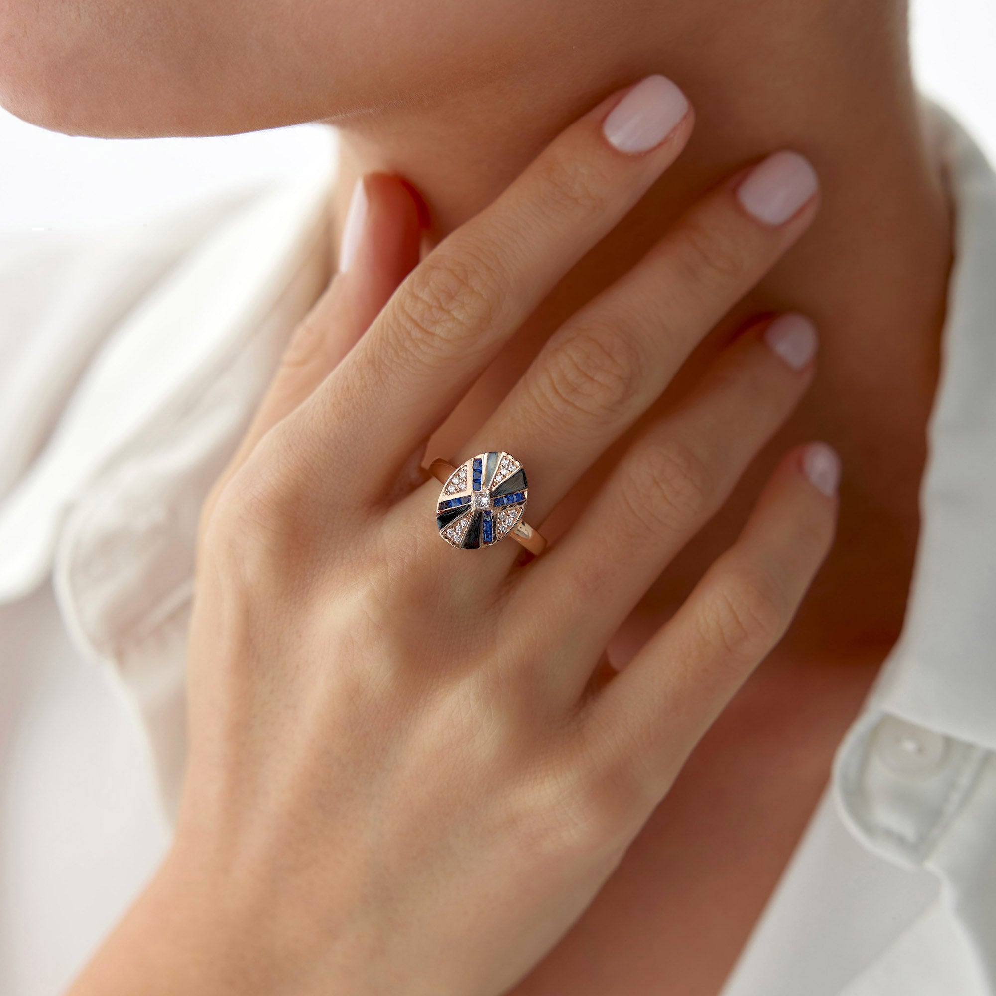 Blue Sapphire and Diamond X Ring