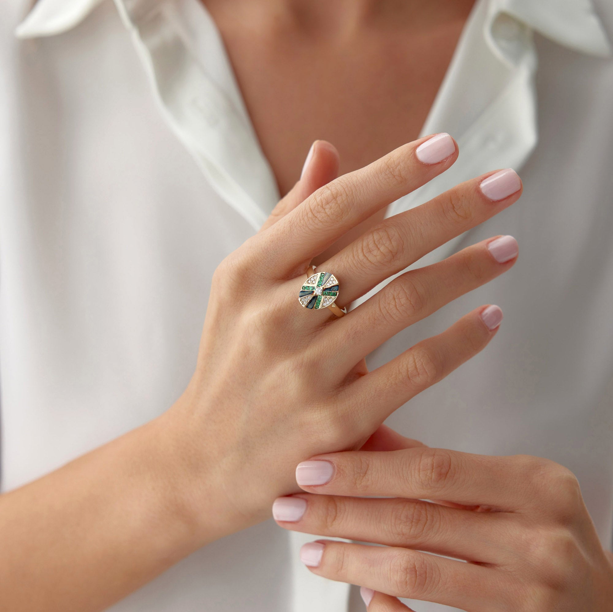 Emerald and Diamond X Ring