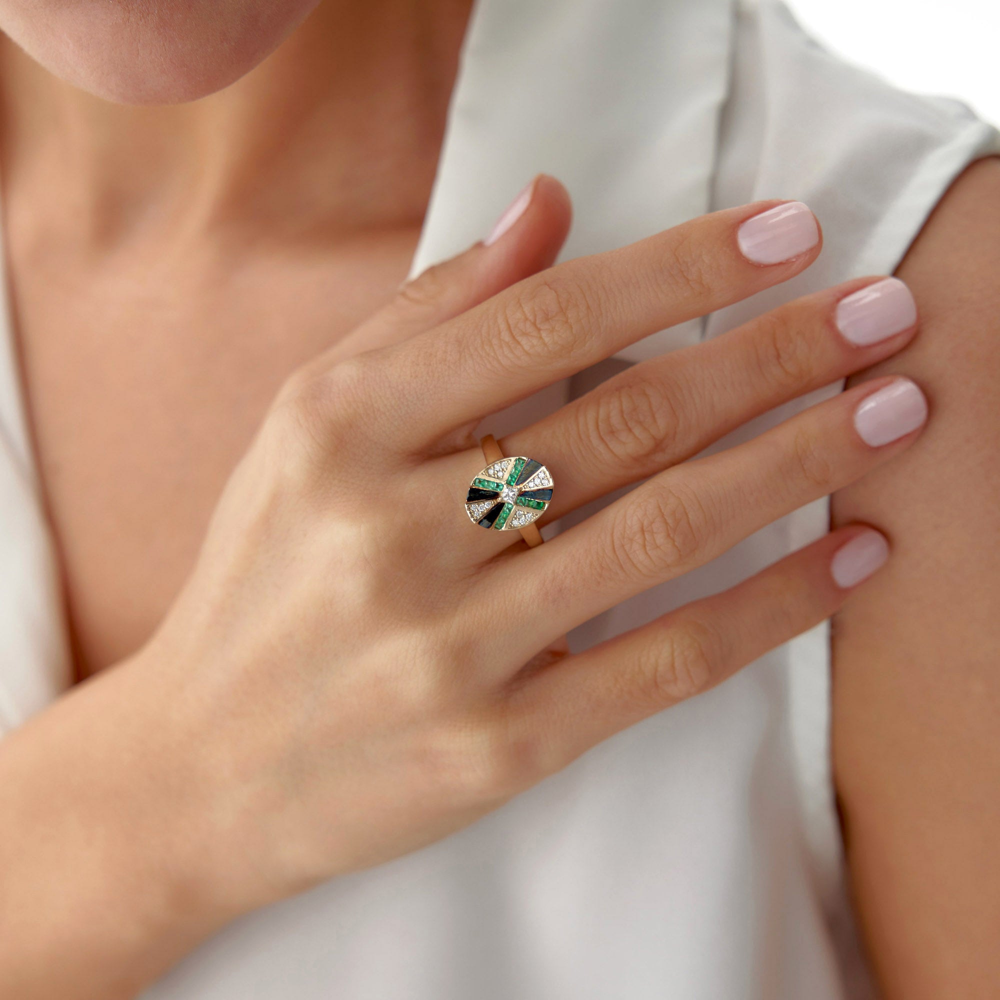Emerald and Diamond X Ring