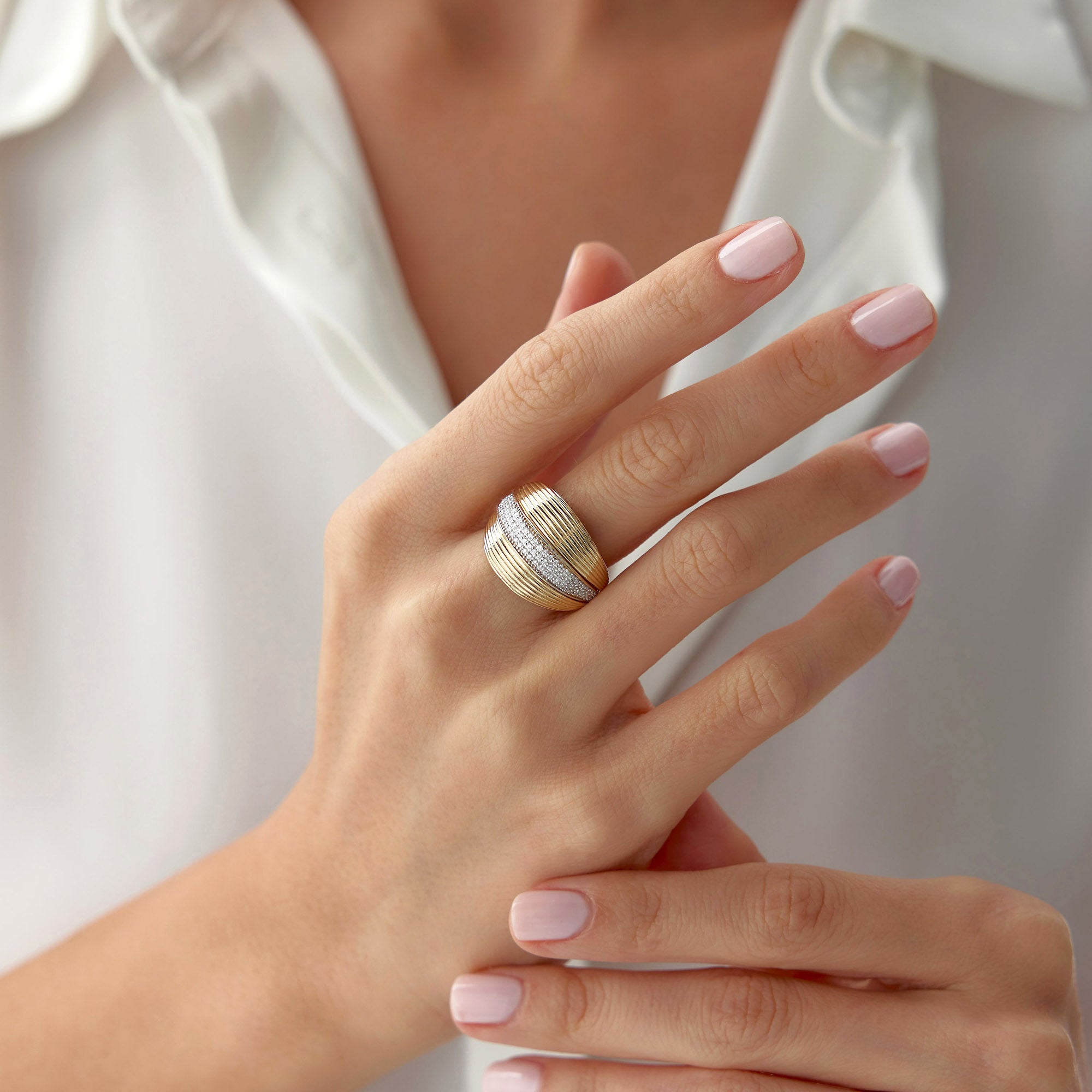 Pave Set Graduated Diamond Dome Ring in 14K Gold
