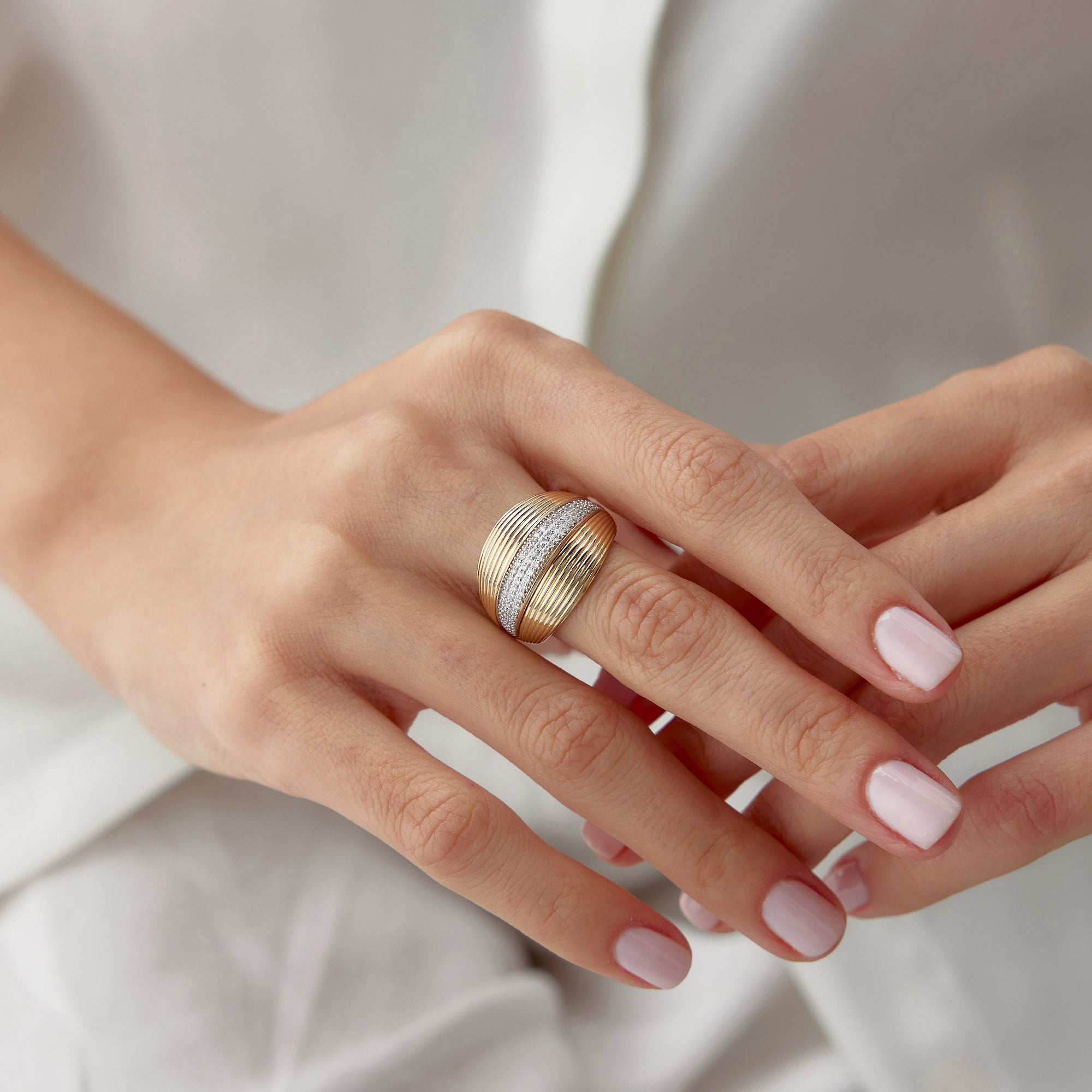 Pave Set Graduated Diamond Dome Ring in 14K Gold