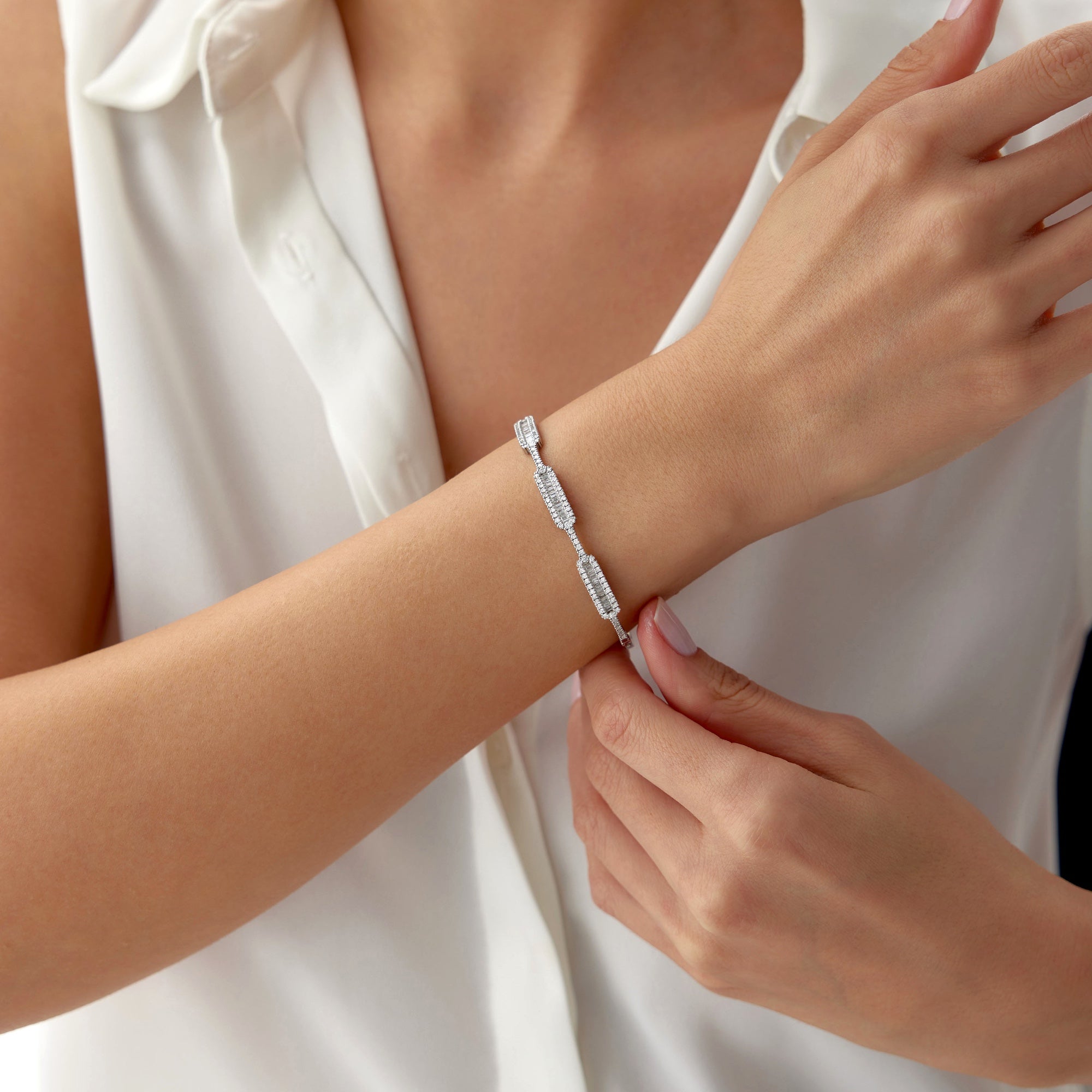 Triple Baguette Cut Diamond Bangle in 14K Gold