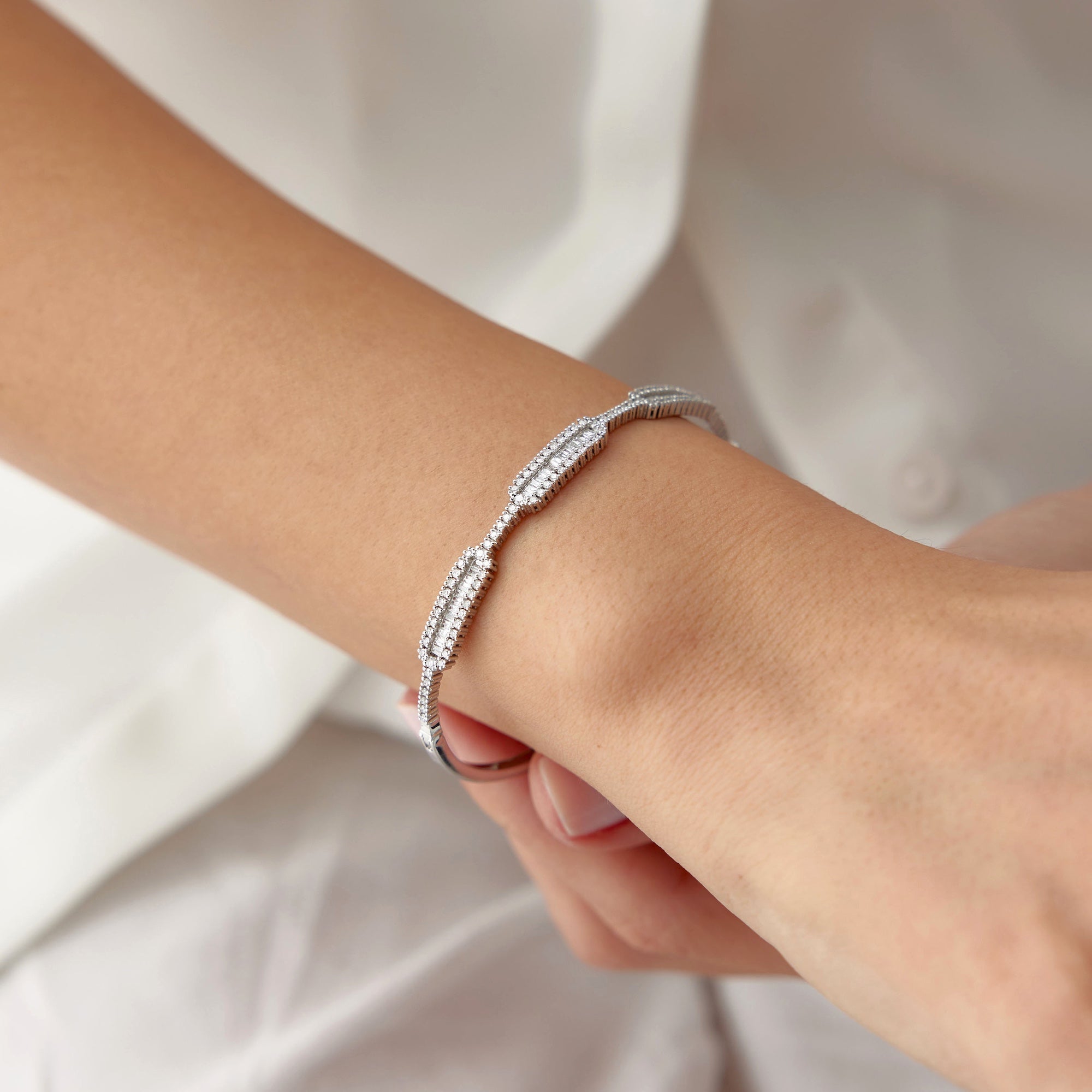 Triple Baguette Cut Diamond Bangle in 14K Gold