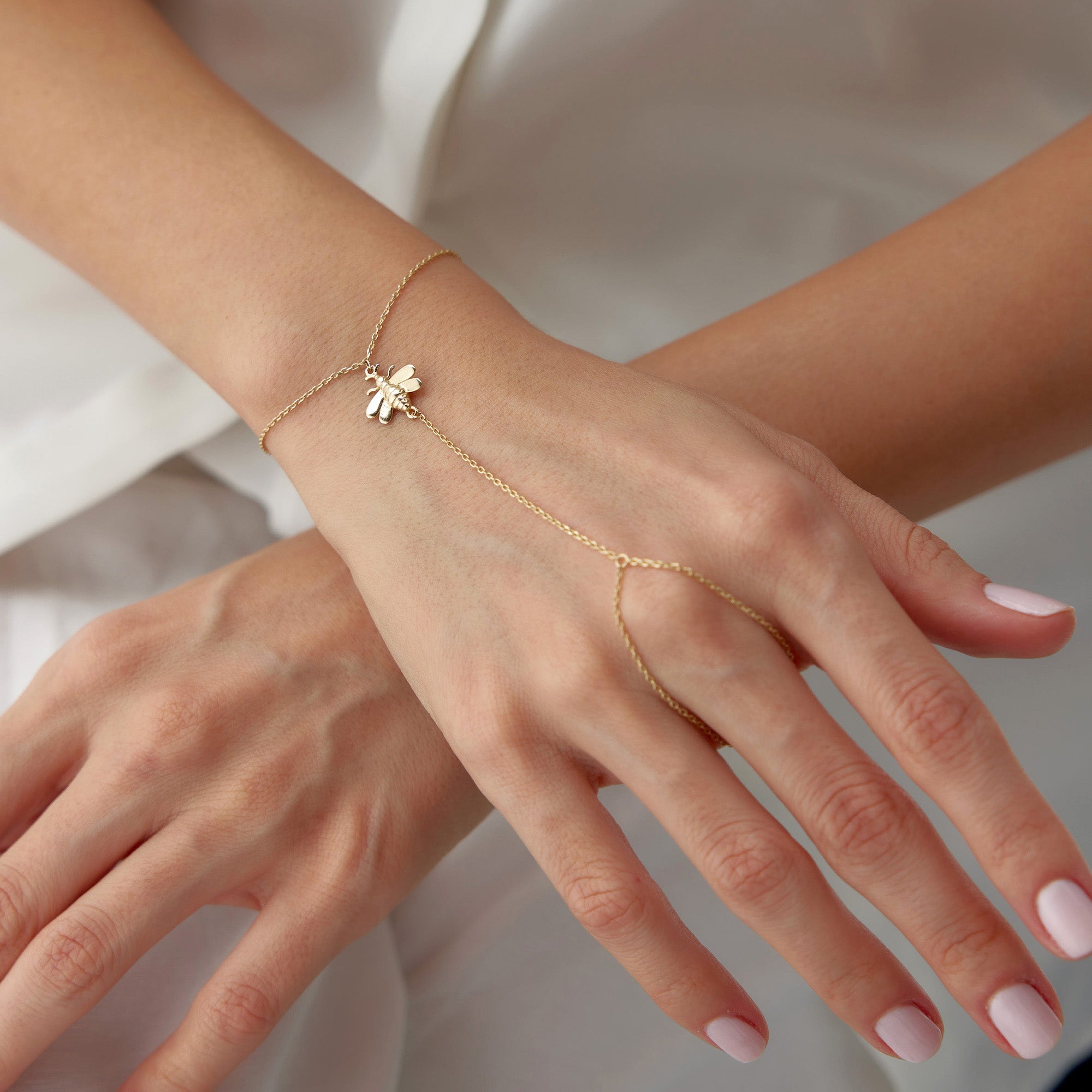 Bee Hand Chain Bracelet in 14K Gold