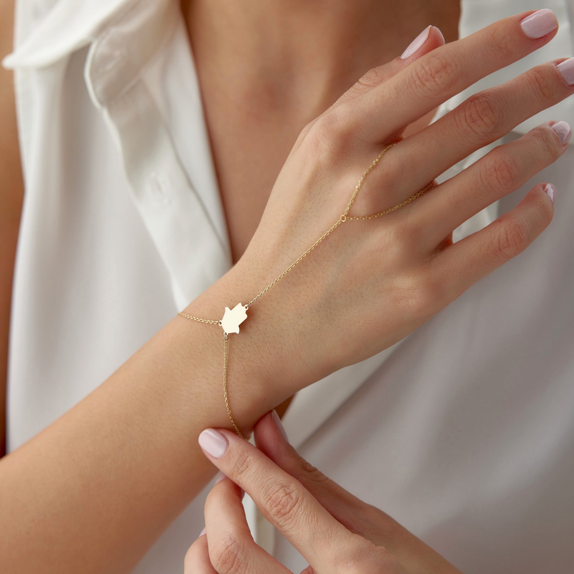 Hamsa Protection Hand Chain Bracelet in 14K Gold