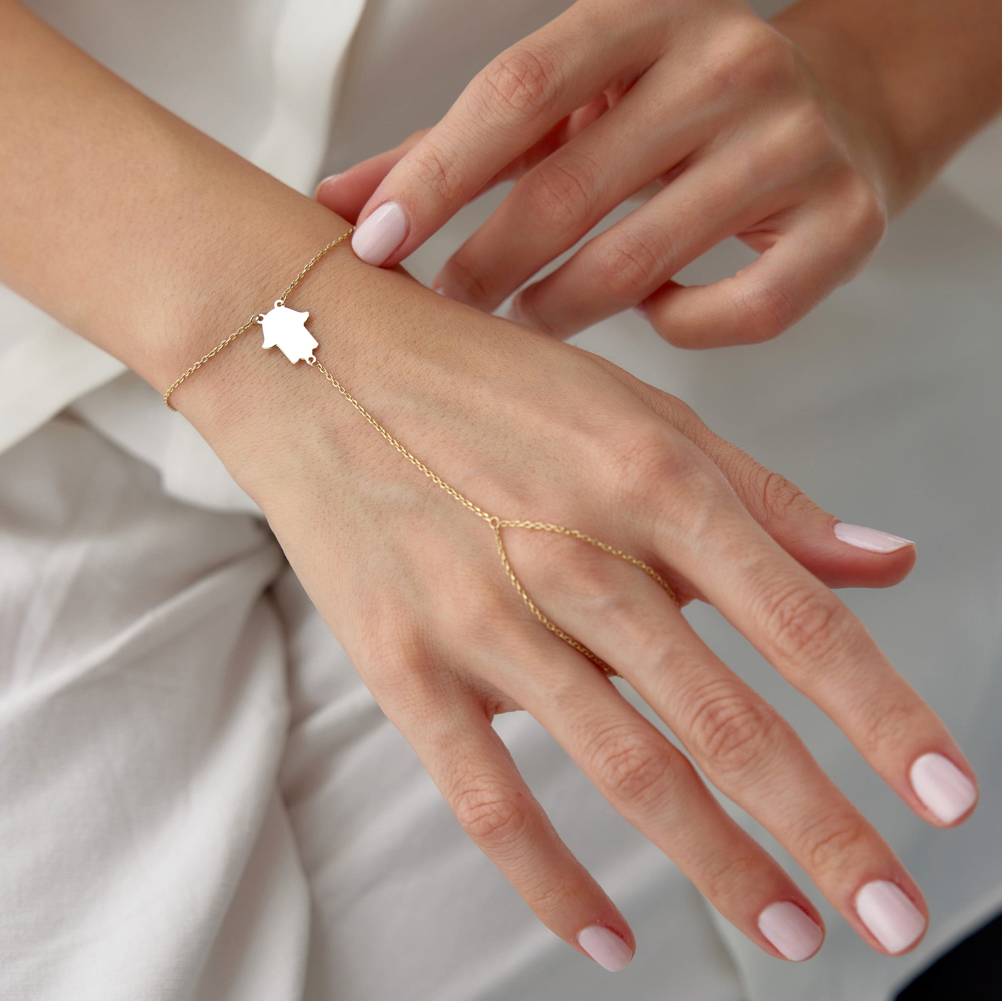 Hamsa Protection Hand Chain Bracelet in 14K Gold