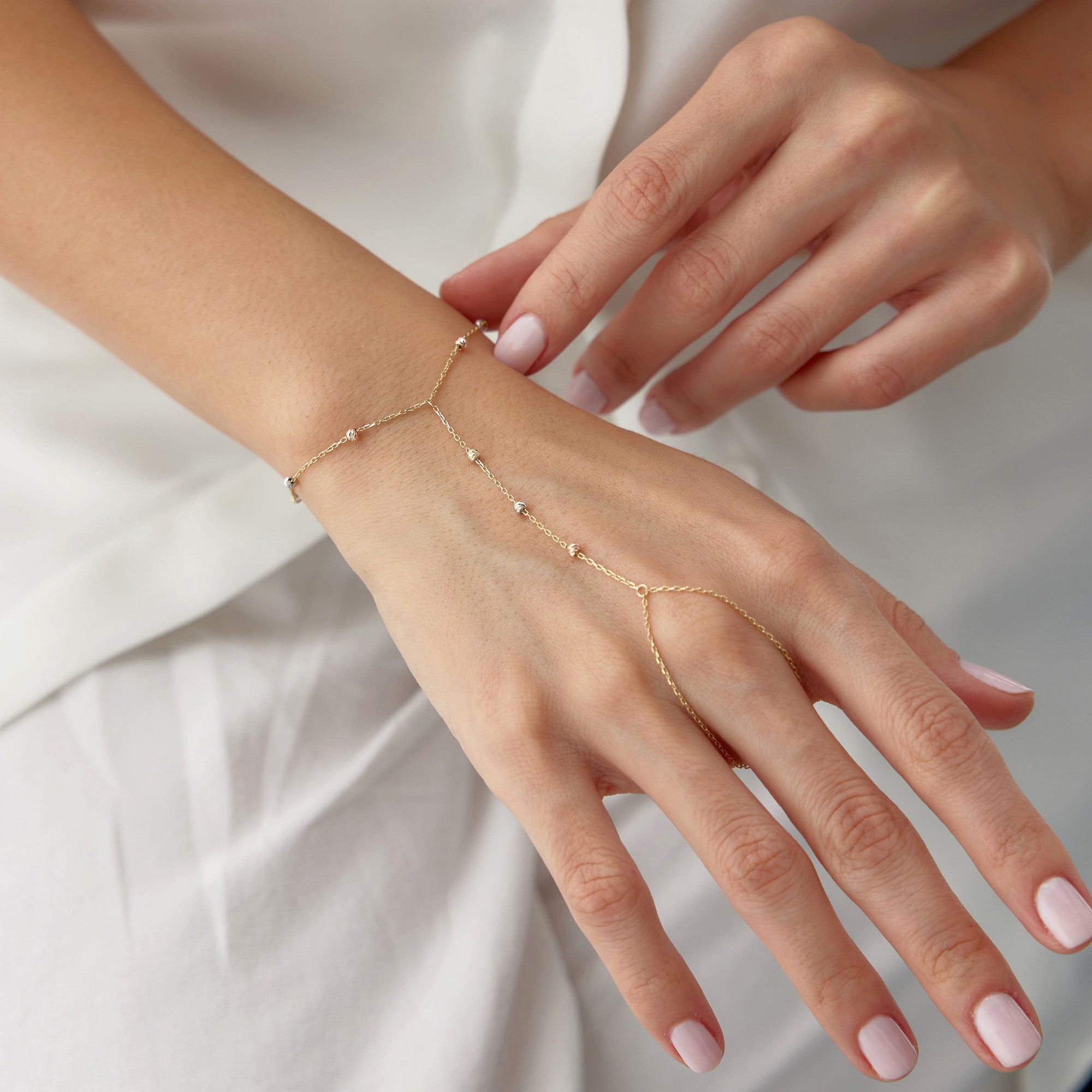 Beaded Hand Chain Bracelet in 14K Gold