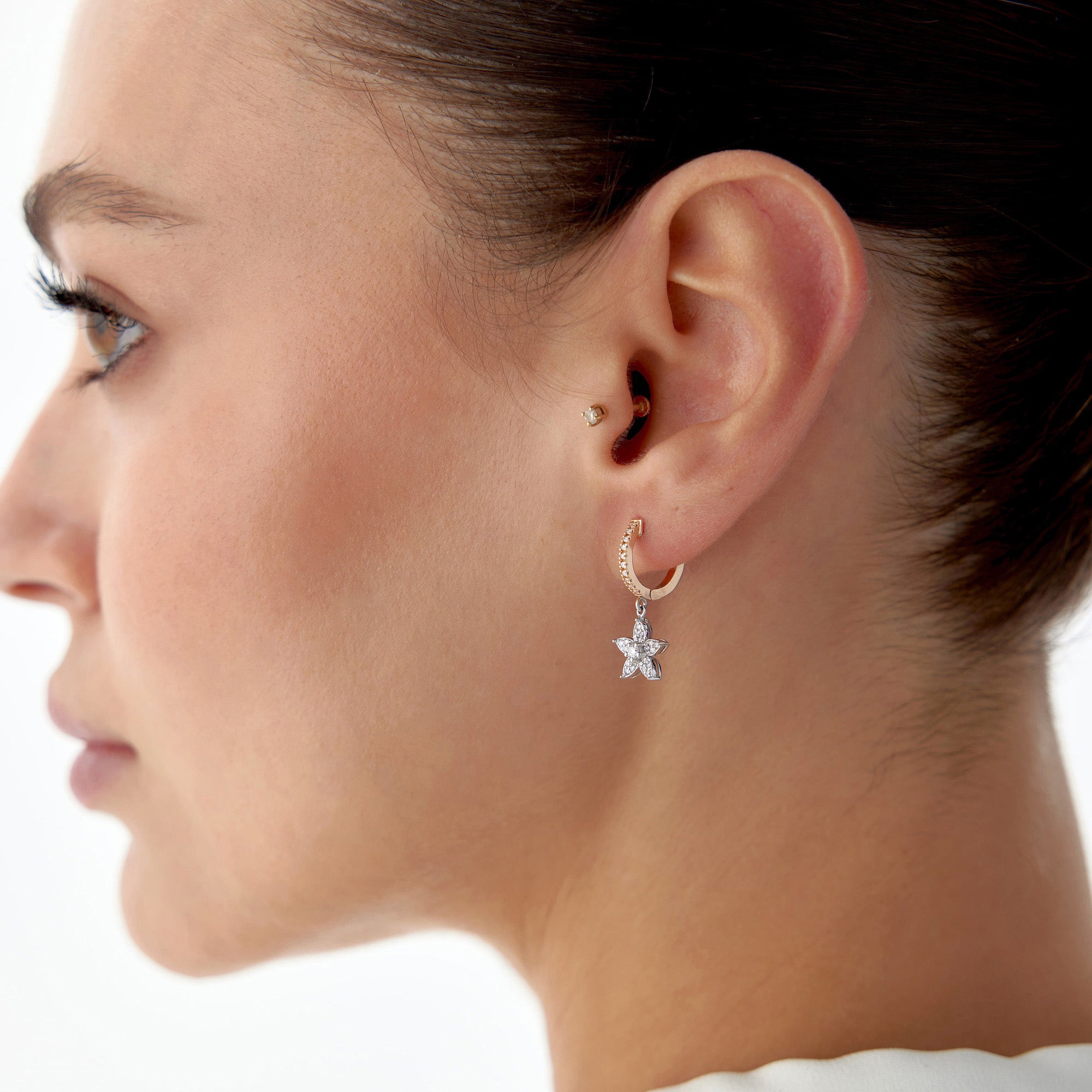 Diamond Large Flower Charm Hoop Earrings