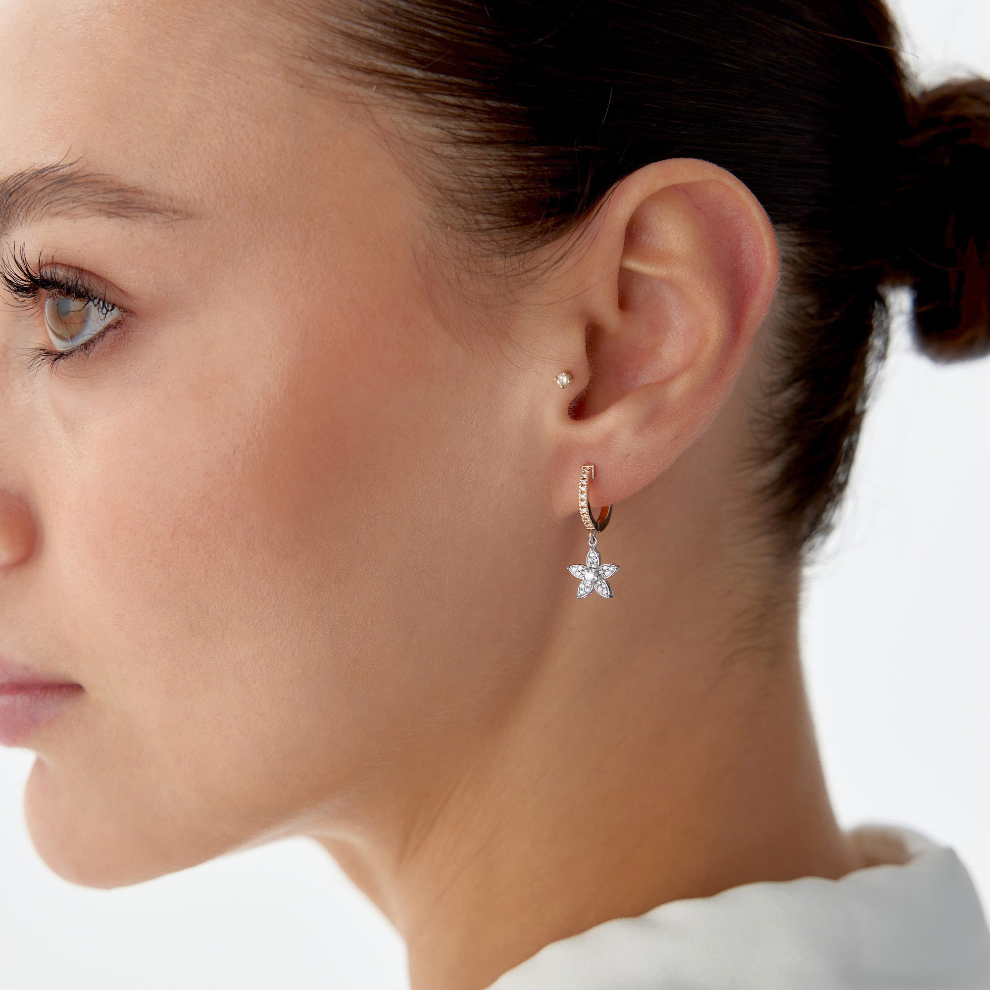 Diamond Large Flower Charm Hoop Earrings