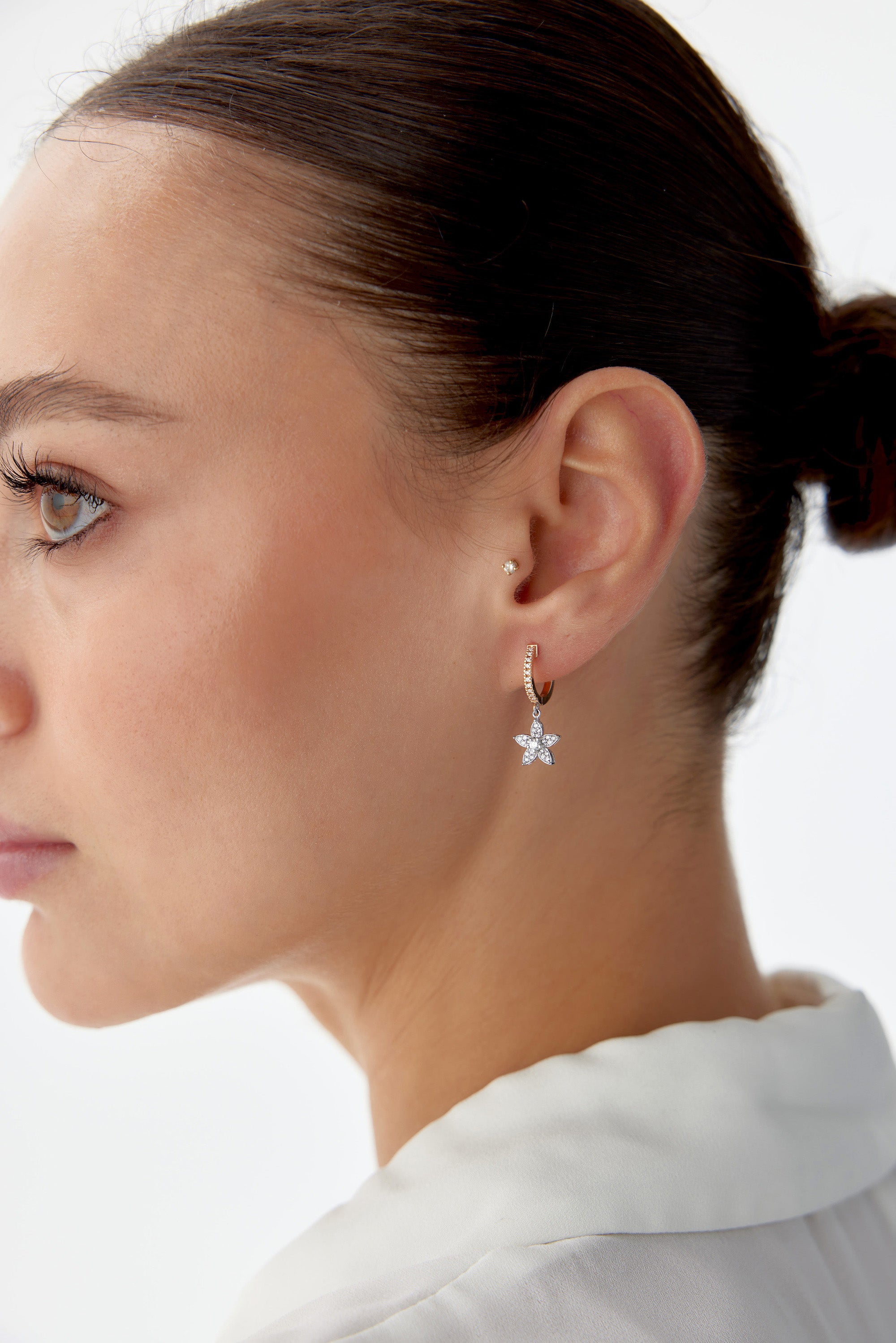 Diamond Large Flower Charm Hoop Earrings