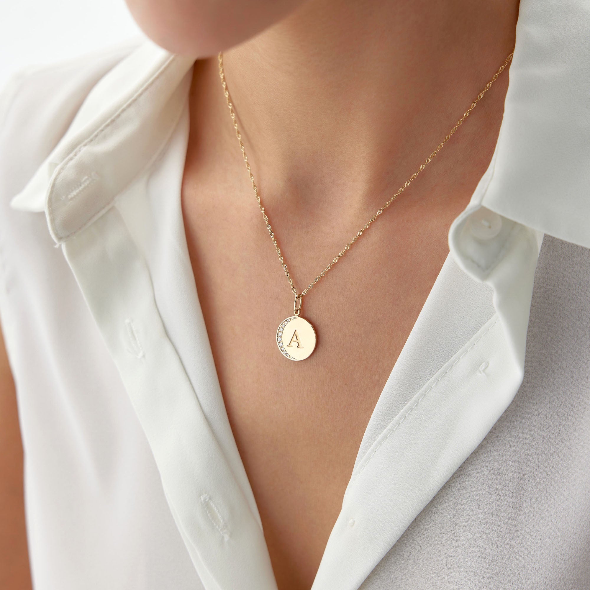 Diamond Crescent Initial Pendant Available in 14K and 18K Gold