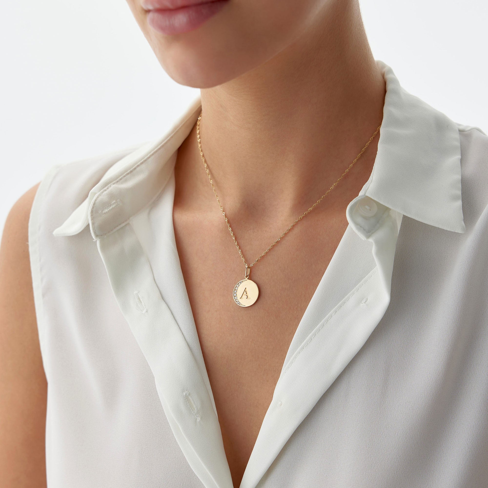 Diamond Crescent Initial Pendant Available in 14K and 18K Gold