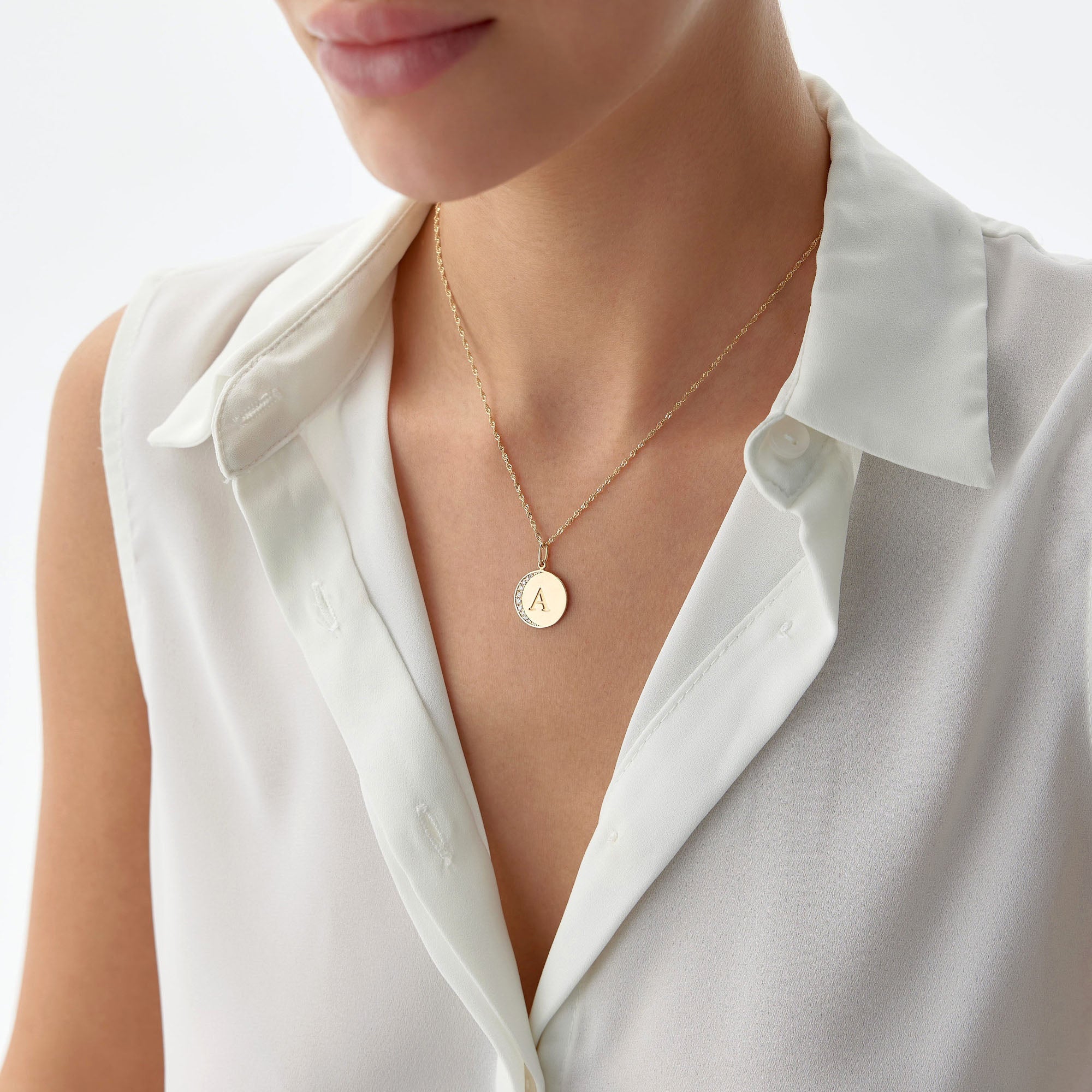 Diamond Crescent Initial Pendant Available in 14K and 18K Gold