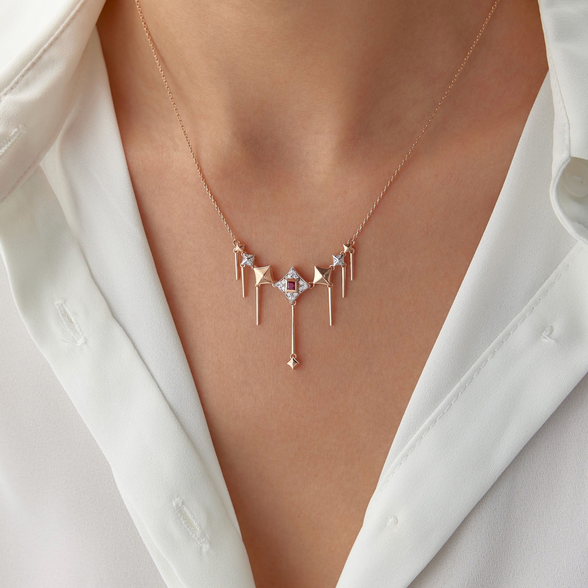 Vintage Style Ruby and Diamond Dangle Necklace