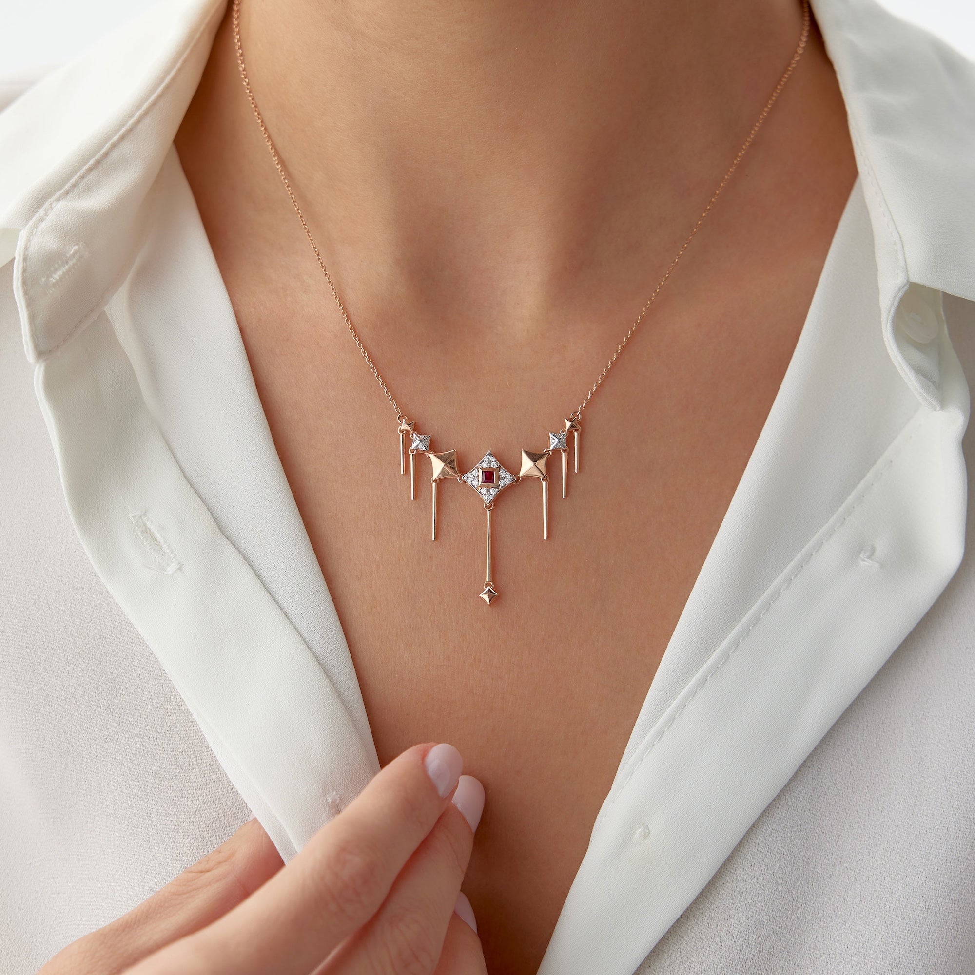 Vintage Style Ruby and Diamond Dangle Necklace