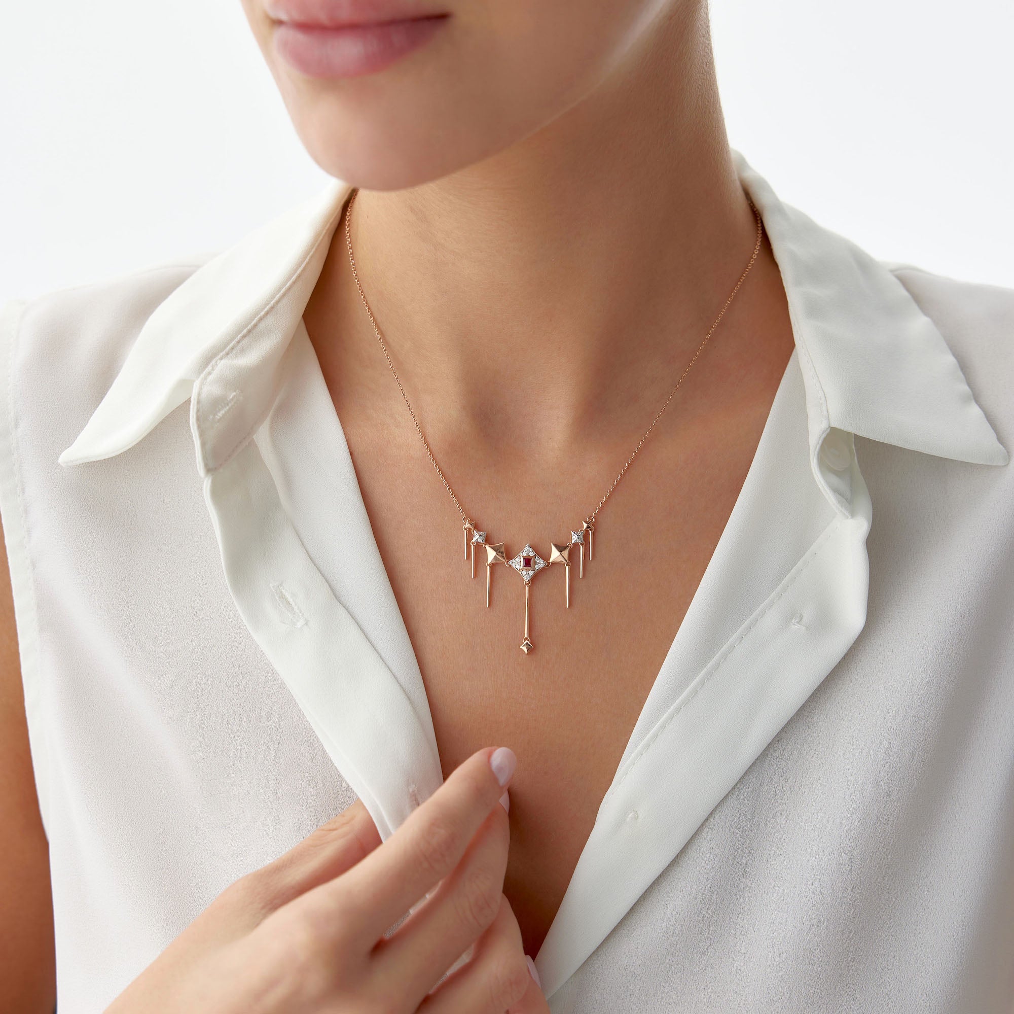 Vintage Style Ruby and Diamond Dangle Necklace