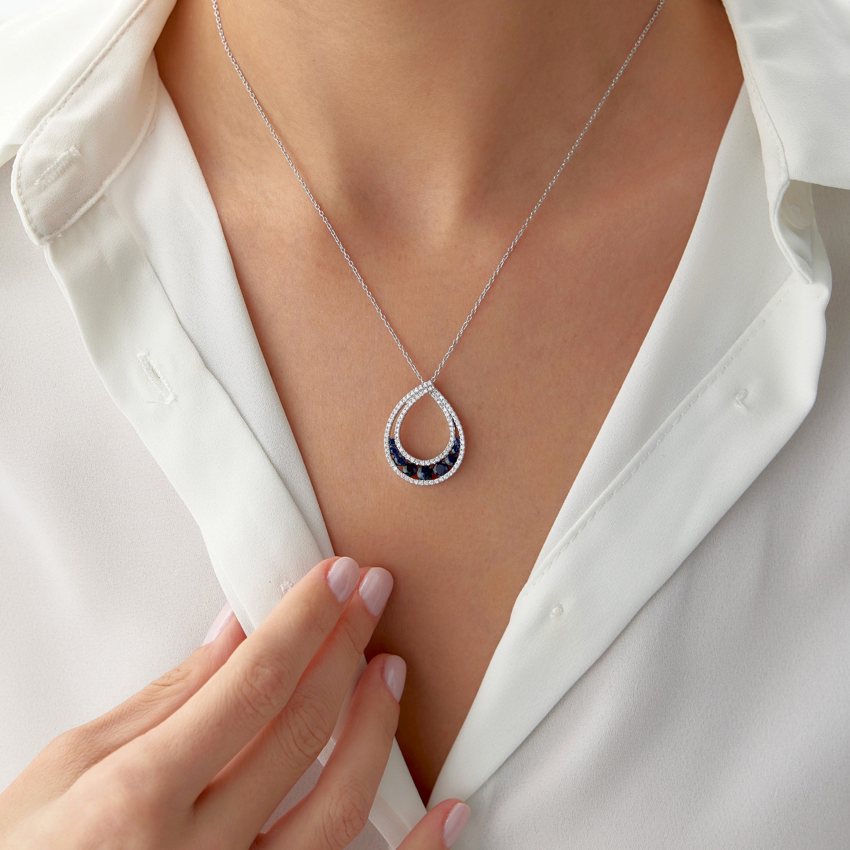 Large Blue Sapphire and Diamond Drop Necklace