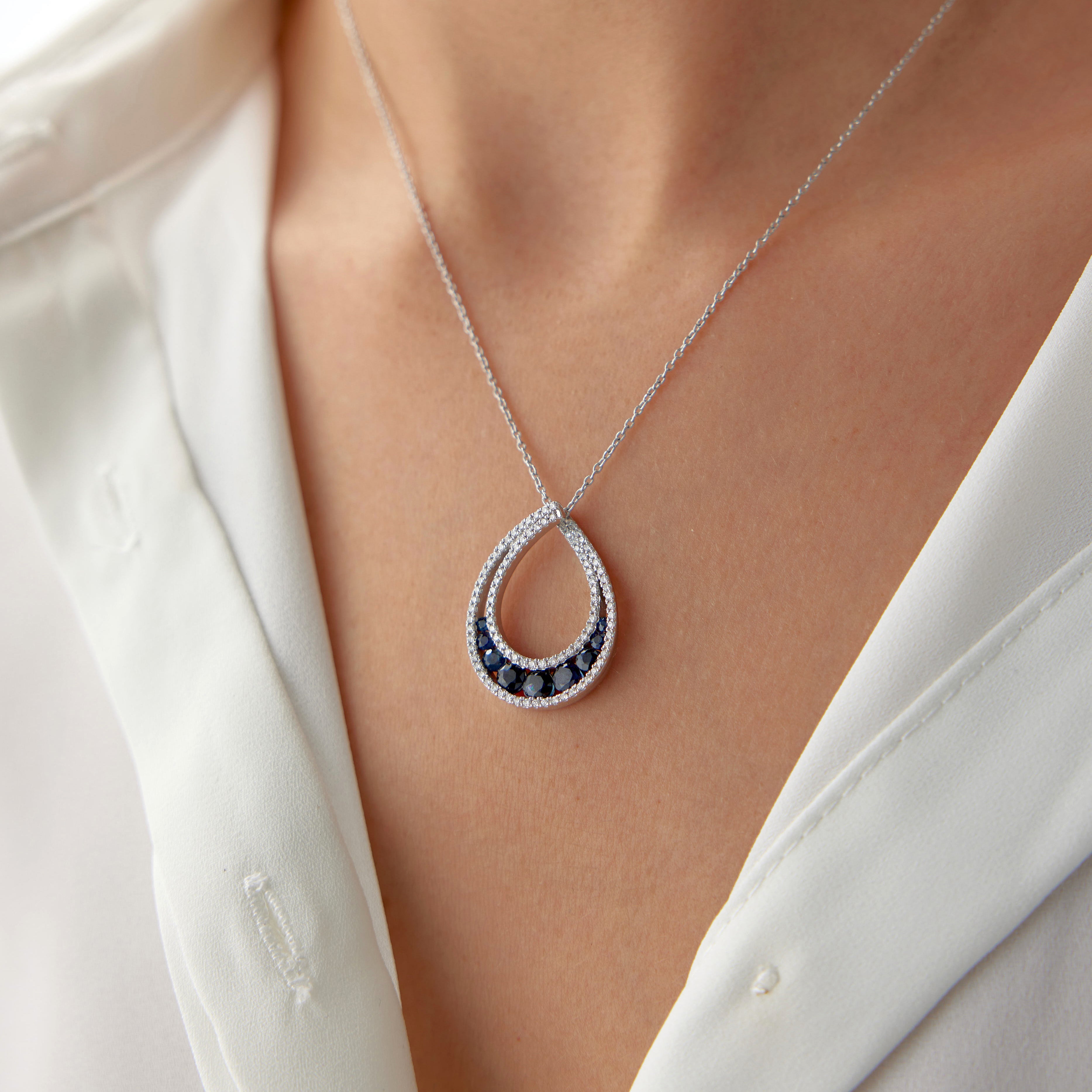 Large Blue Sapphire and Diamond Drop Necklace