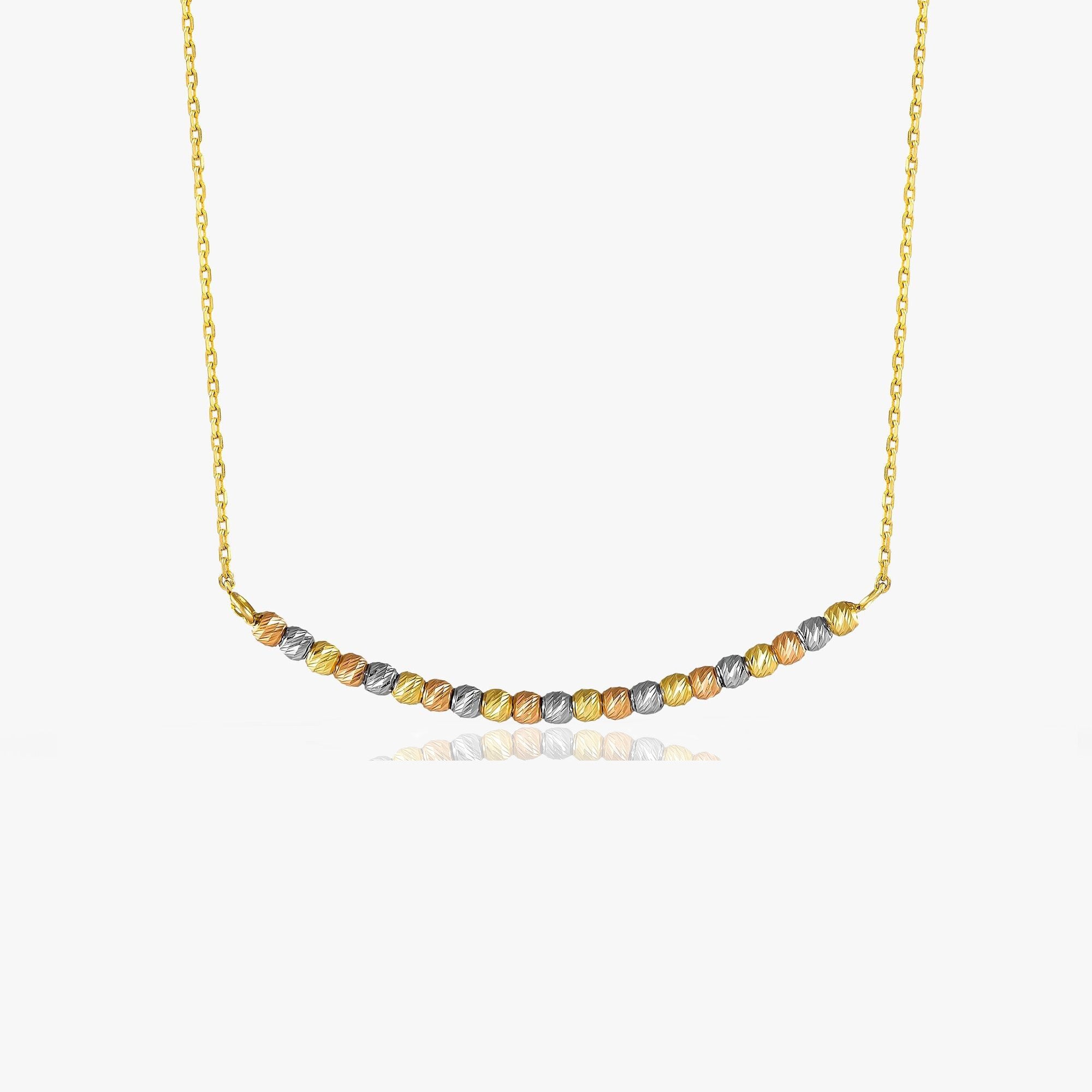 Curved Bar Necklace With Diamond Cut Beads in 14K Gold