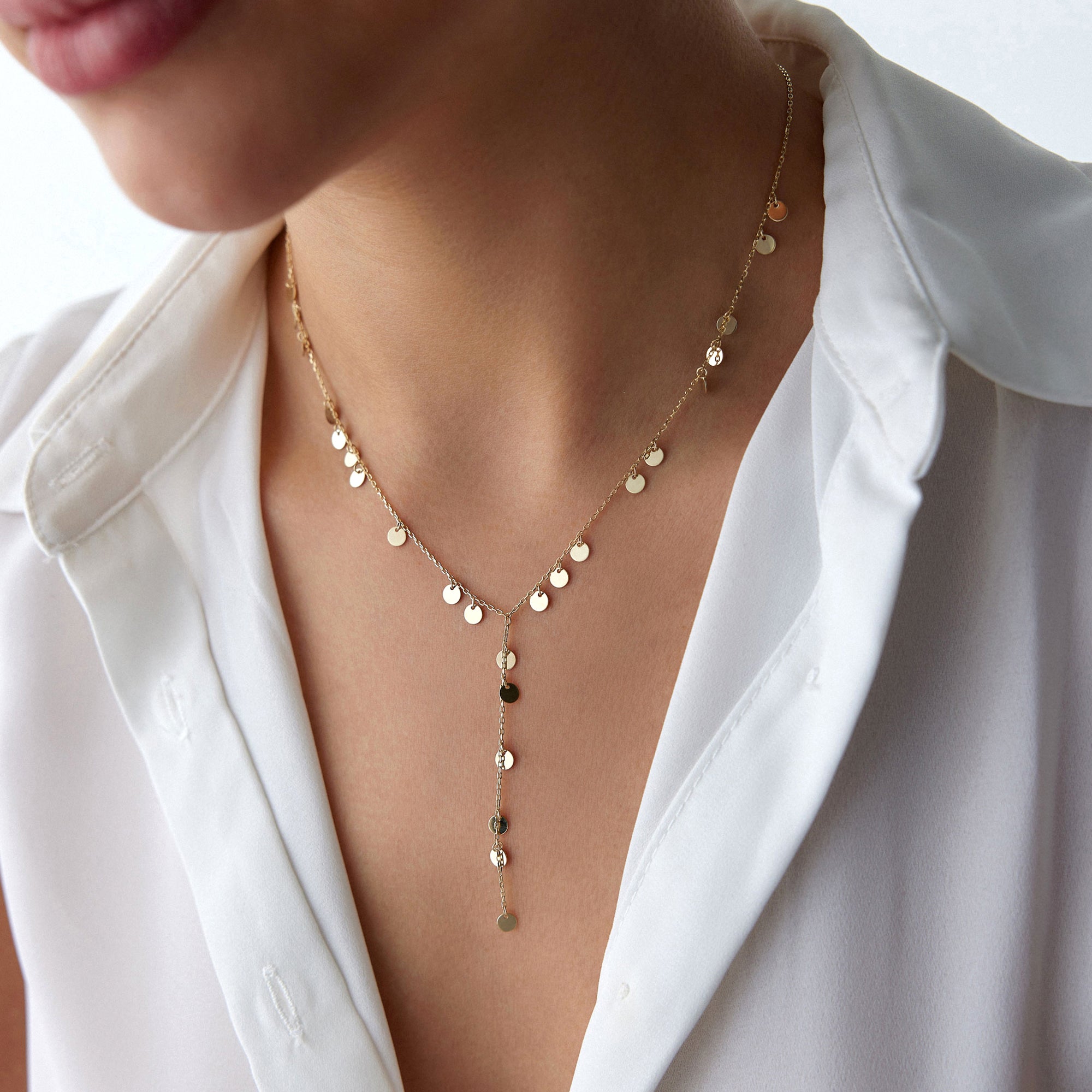 Dangle Disc Lariat Necklace in 14K Gold