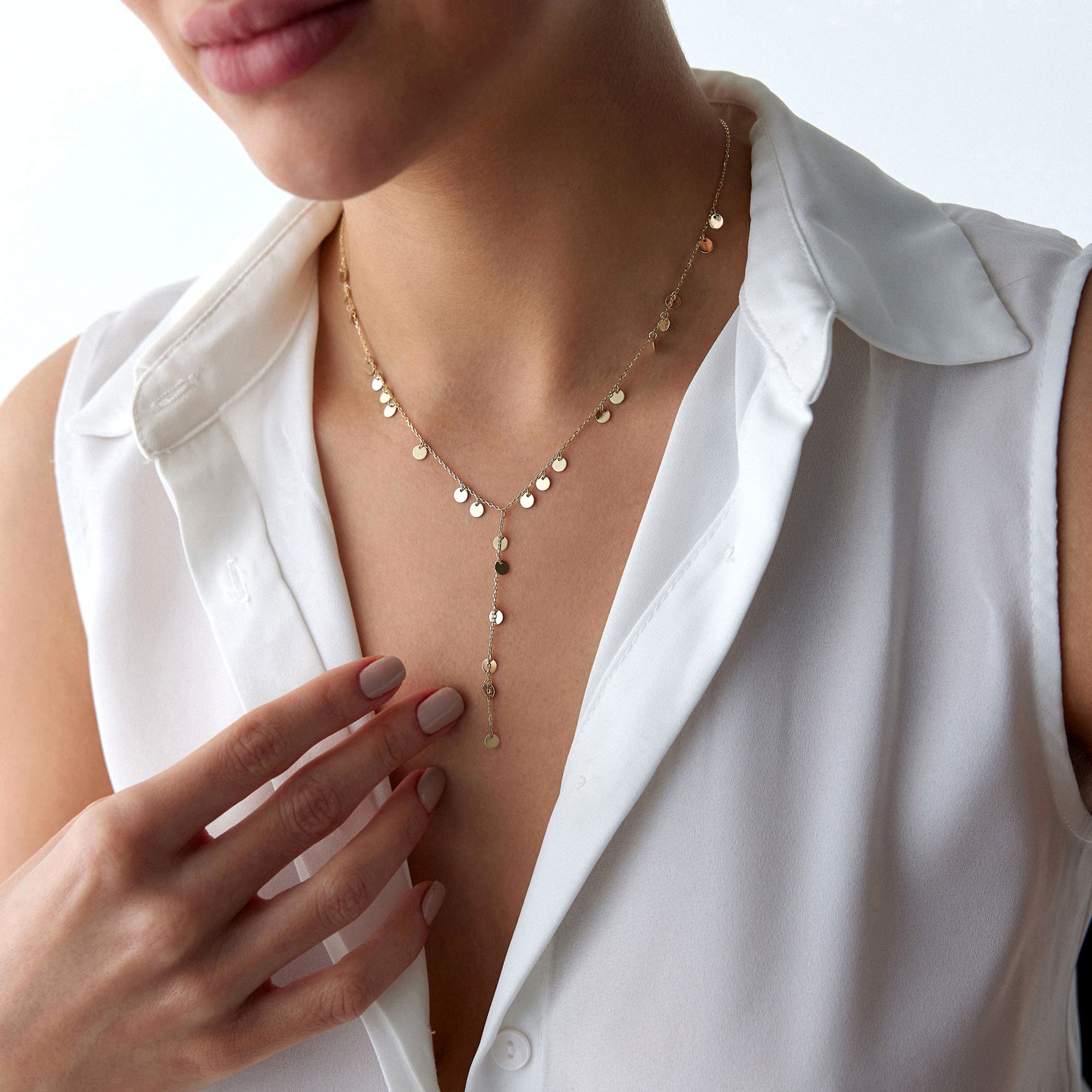 Dangle Disc Lariat Necklace in 14K Gold