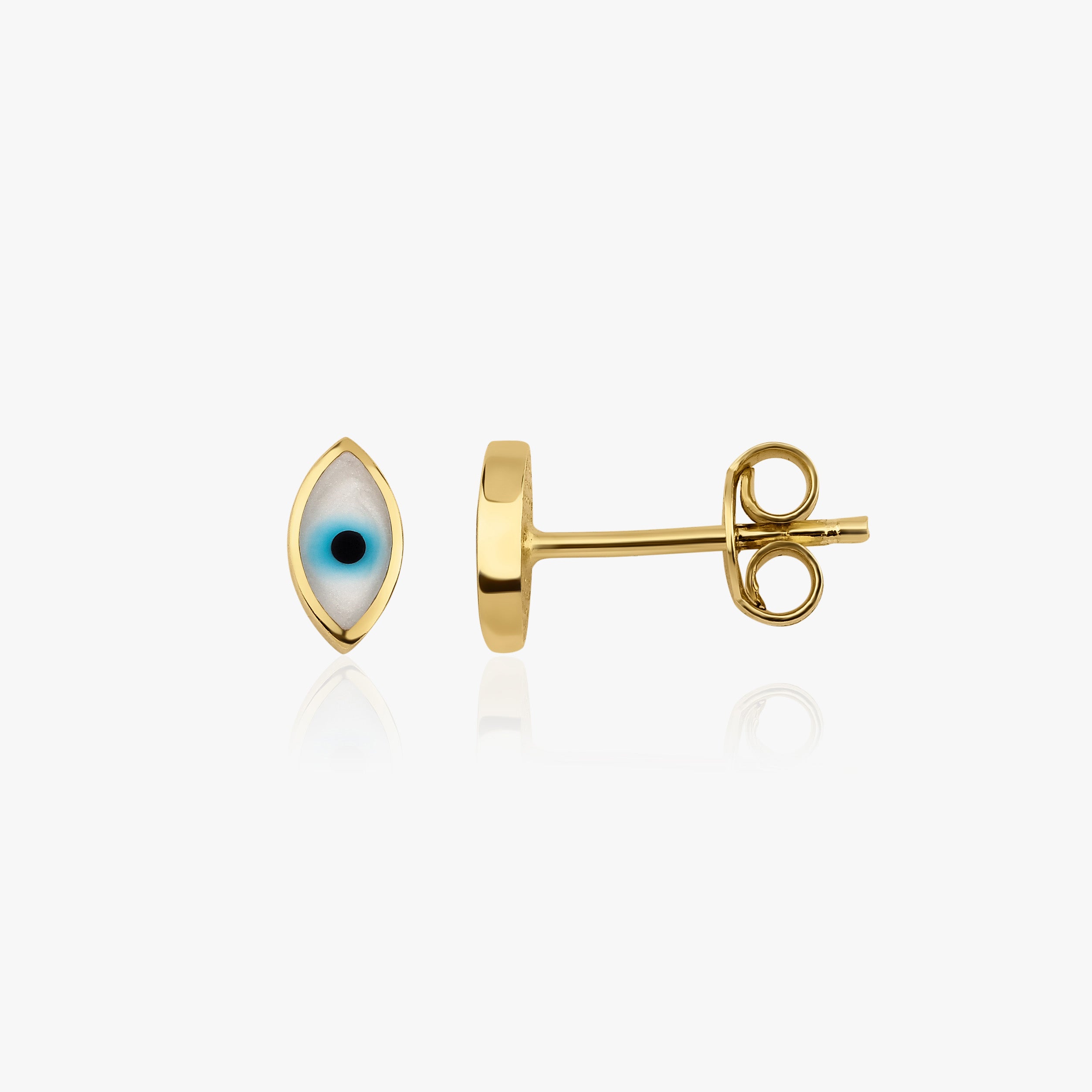 Mini White Blue Evil Eye Stud Earrings in 14K Gold