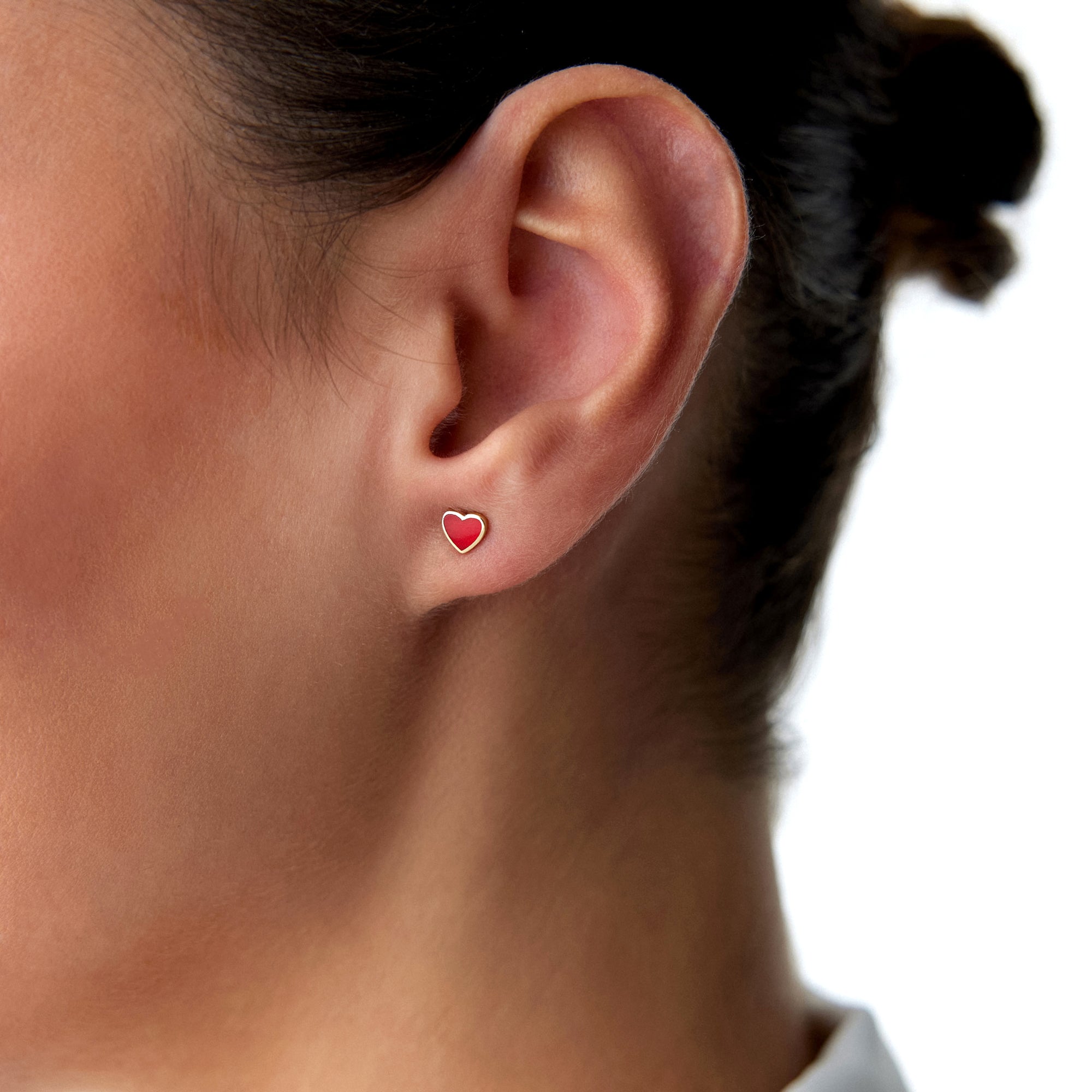 Mini Red Heart Stud Earrings in 14K Gold