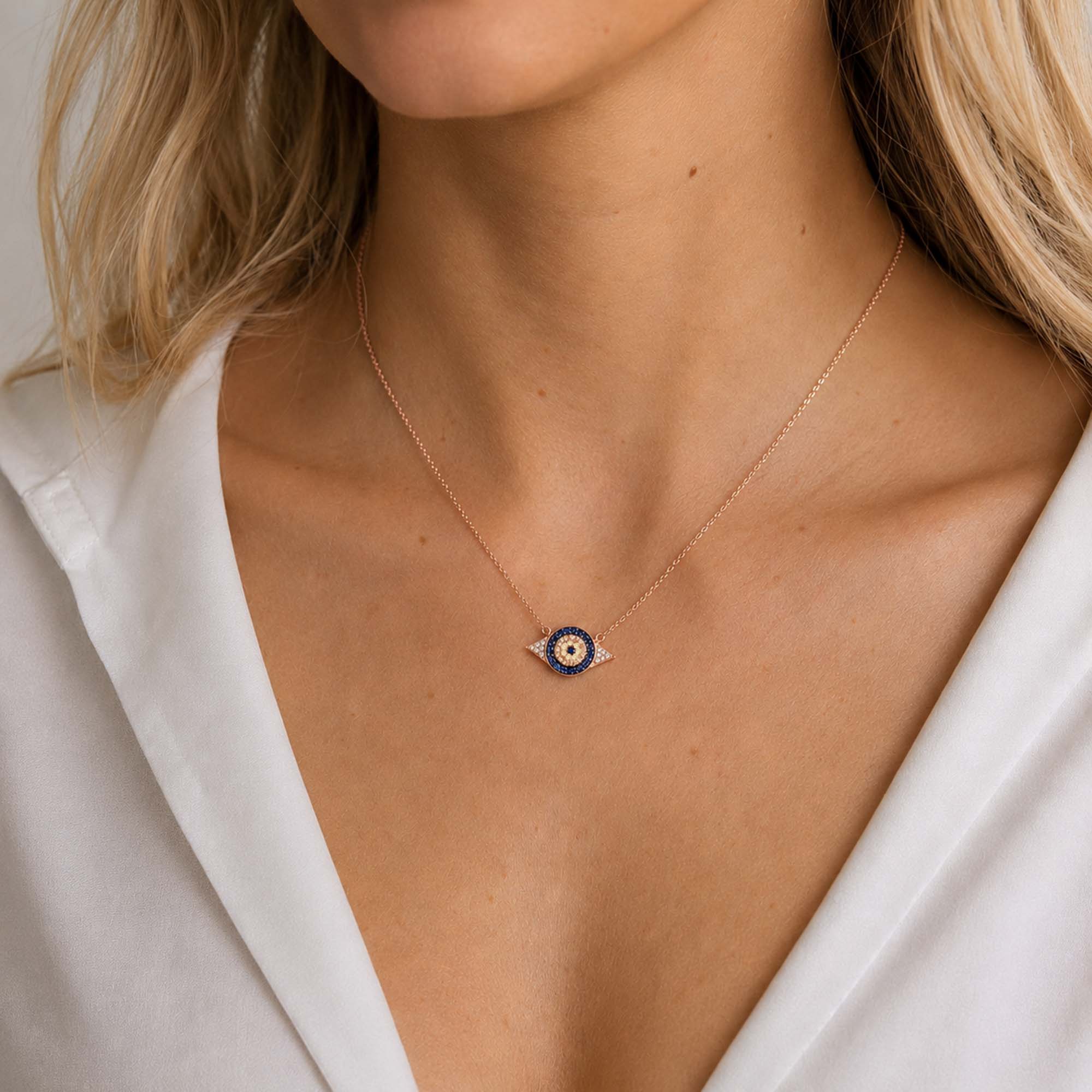 Art Deco Style Sapphire and Diamond Evil Eye Necklace in 14K Gold