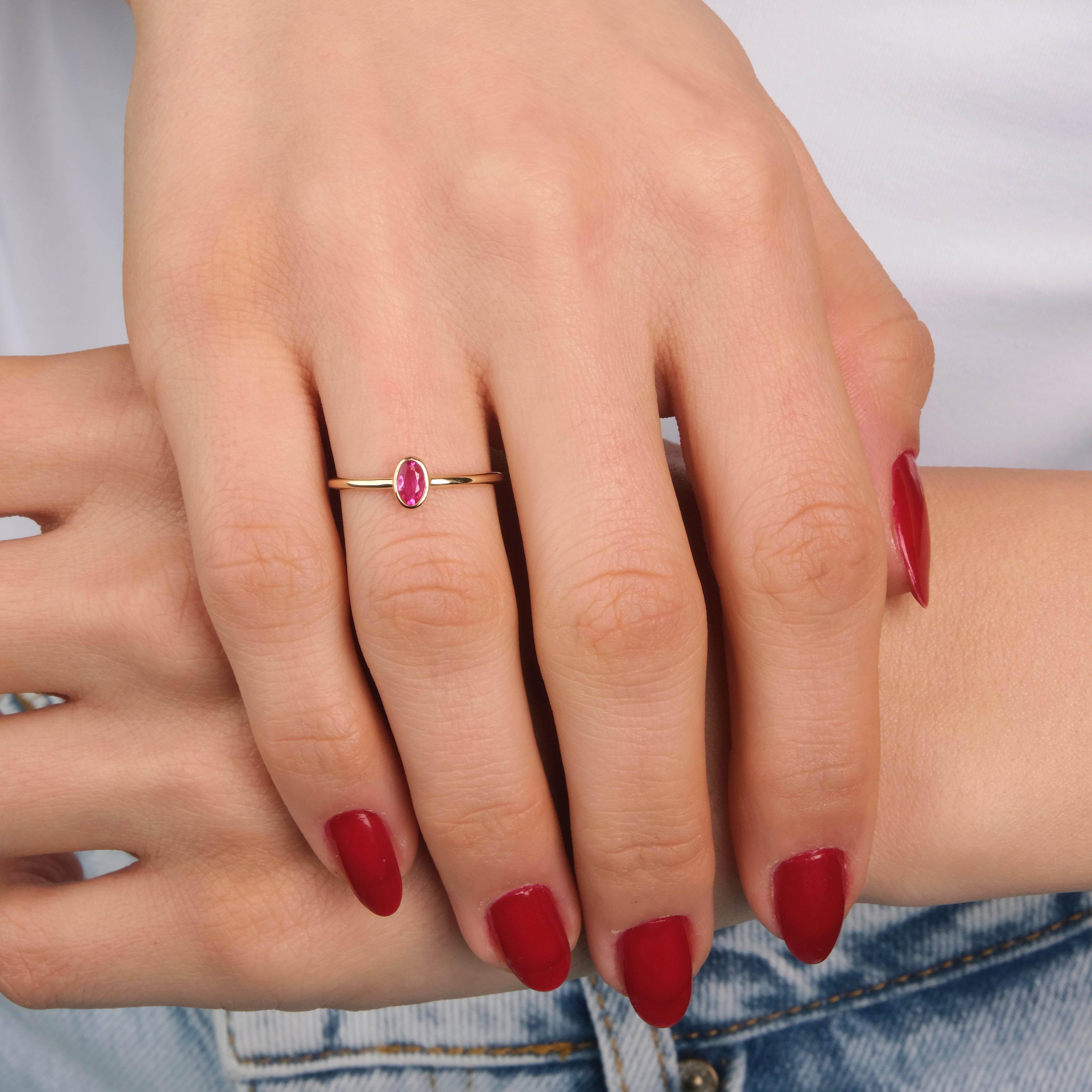 Thin Oval Cut Gemstone Ring in 14K Gold