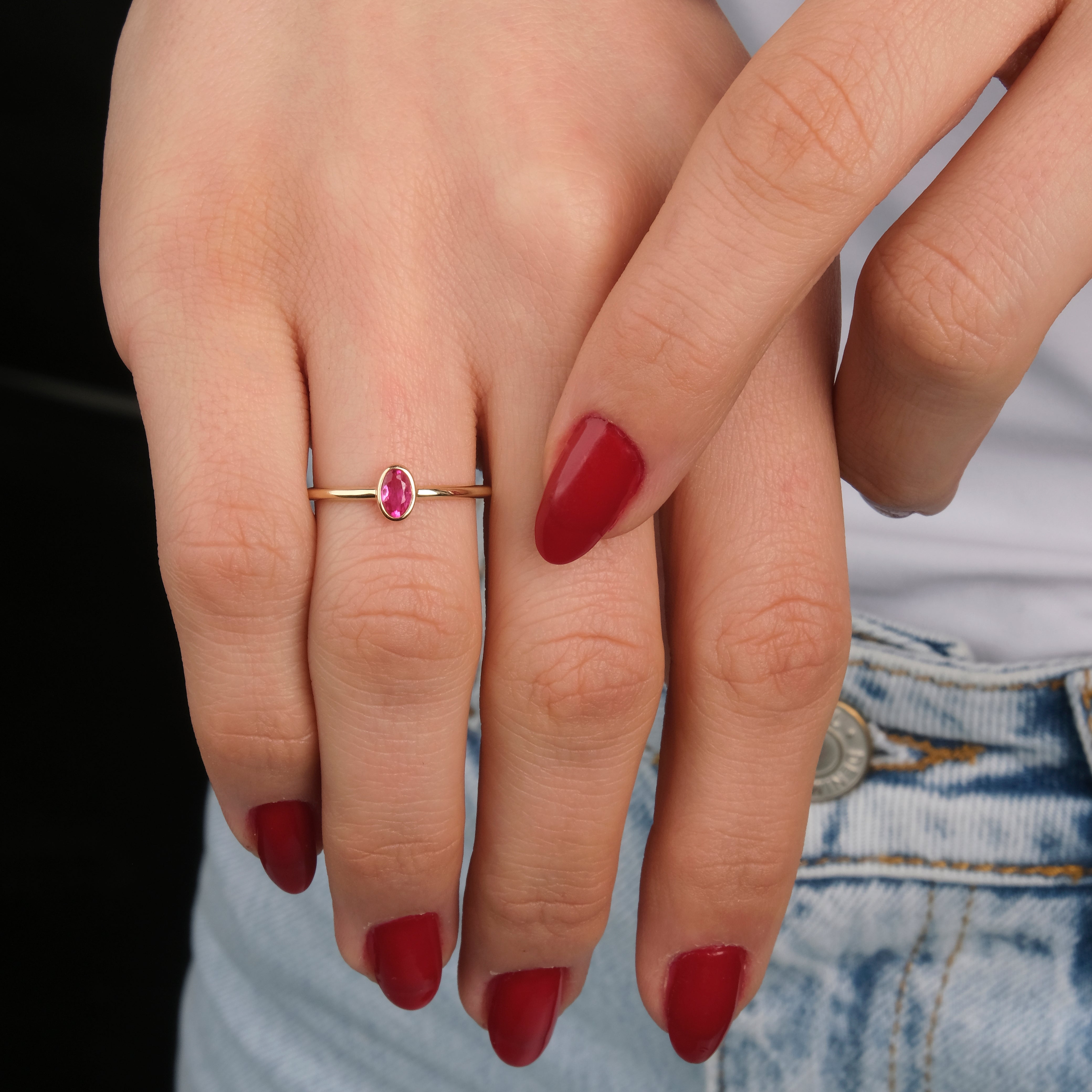 Thin Oval Cut Gemstone Ring in 14K Gold