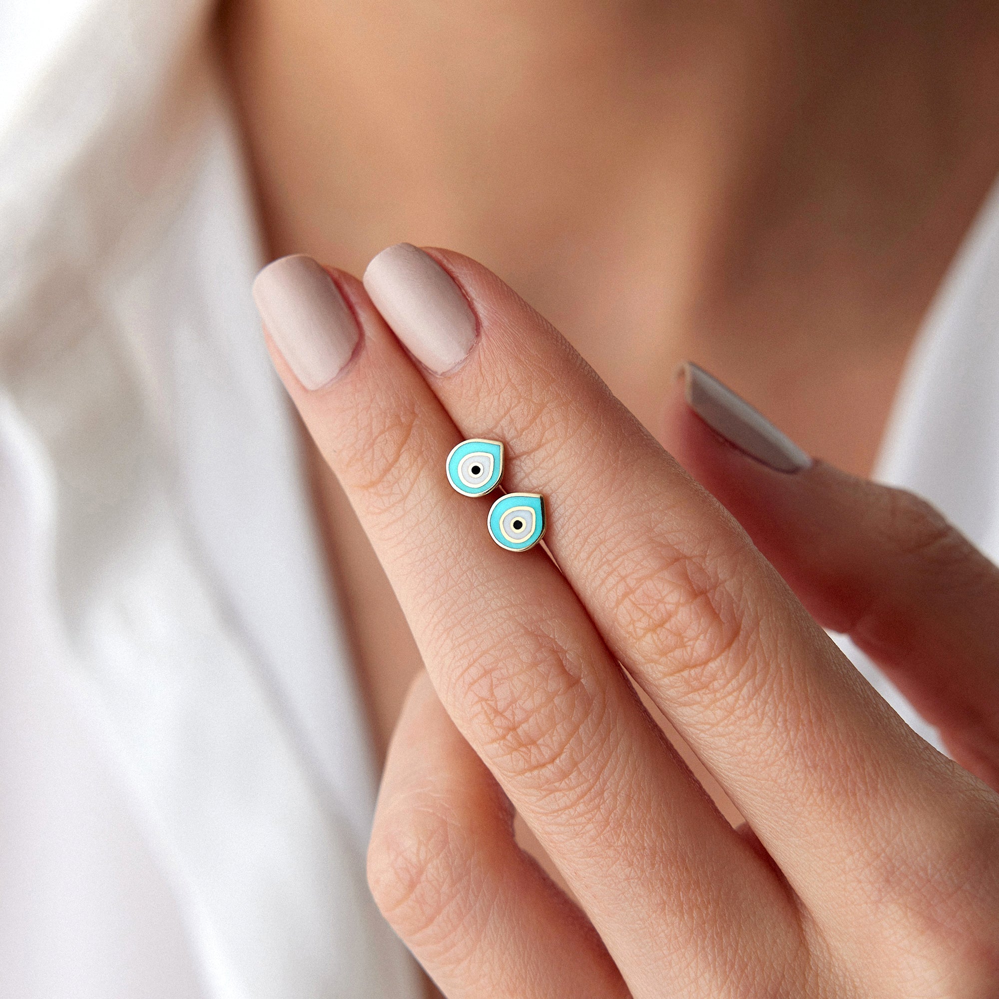 Evil Eye Drop Stud Earrings in 14K Gold