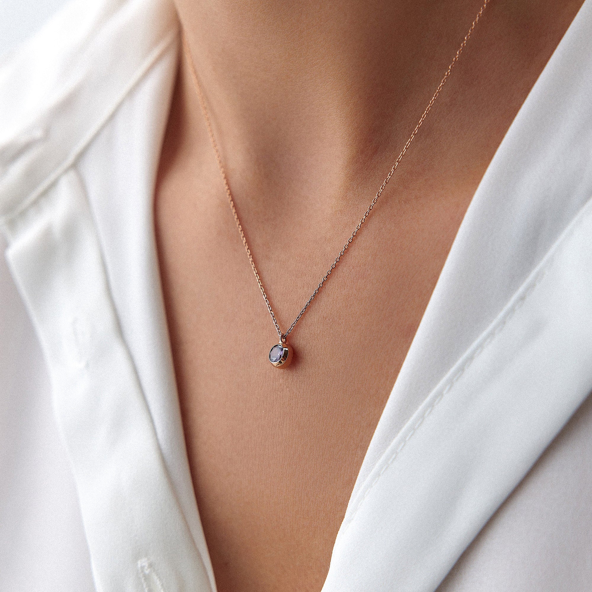 Bezel Set Amethyst Necklace in 14K Gold