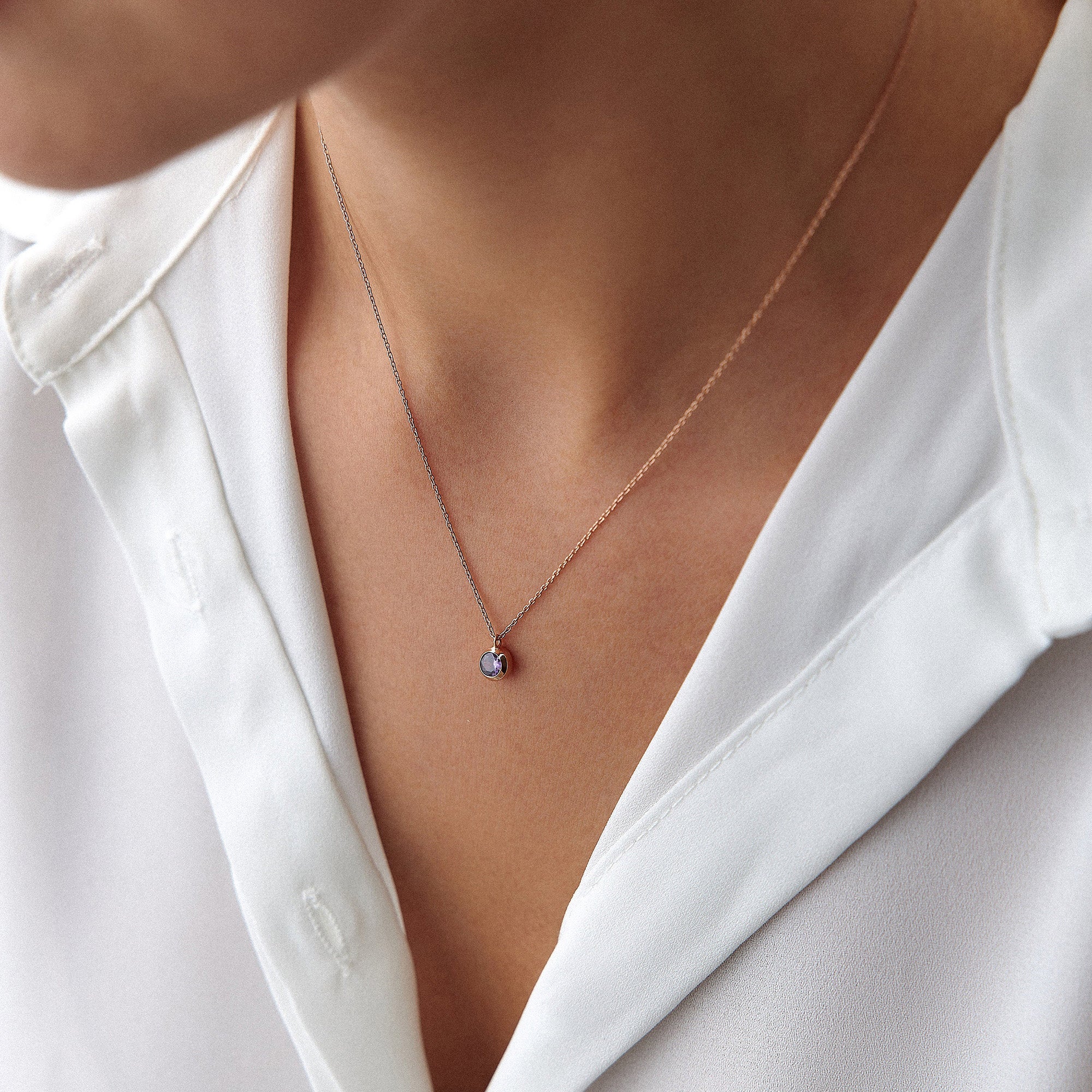 Bezel Set Amethyst Necklace in 14K Gold