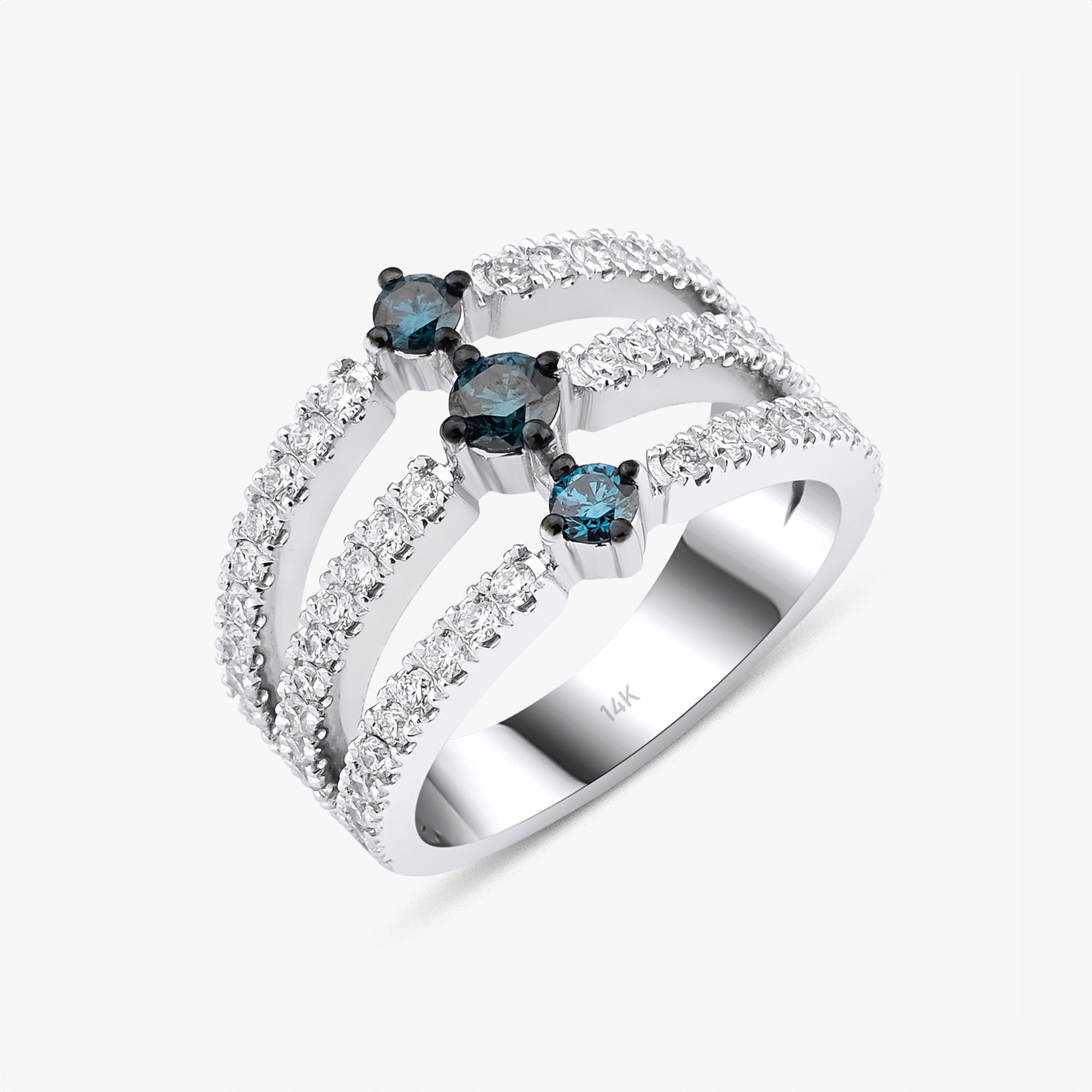 Blue Diamond Trinity Ring in 14K Gold / Triple Blue