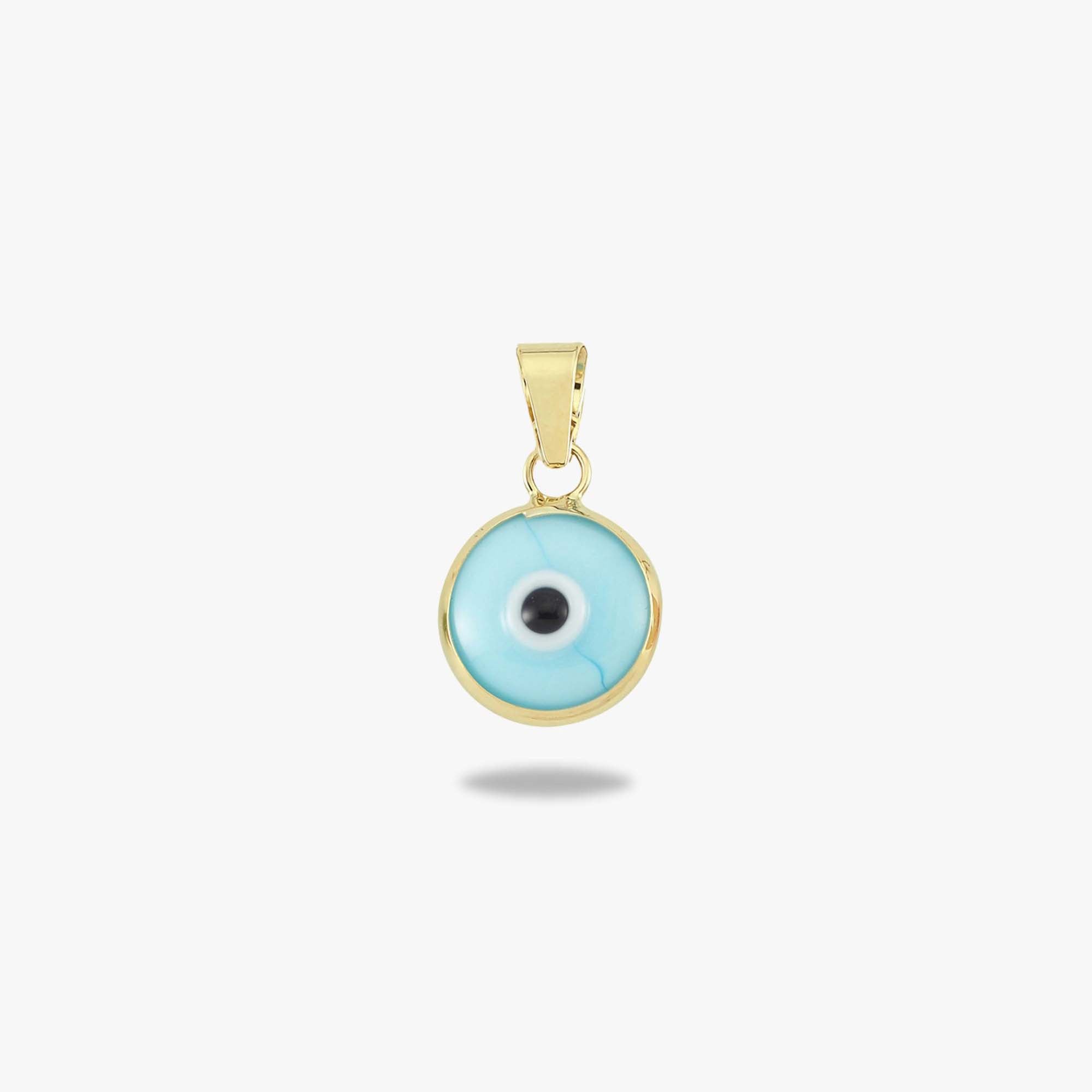 A 14k yellow gold baby blue evil eye pendant shown on a white background