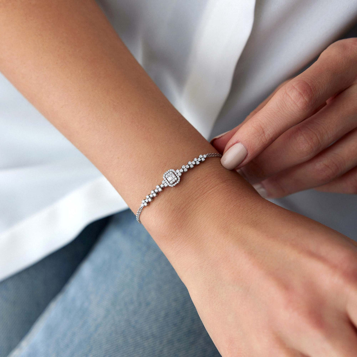 Double Chain Baguette Diamond Bracelet in 14K Gold