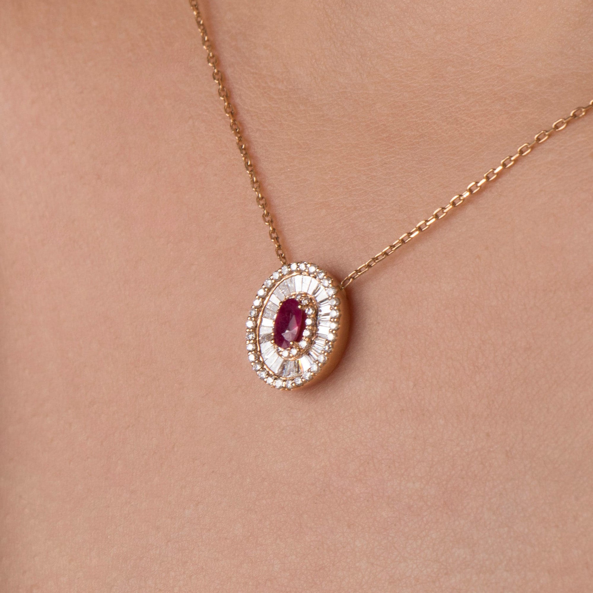 Eternal Ruby Necklace with Baguette and Round Cut Diamonds in 18K Gold