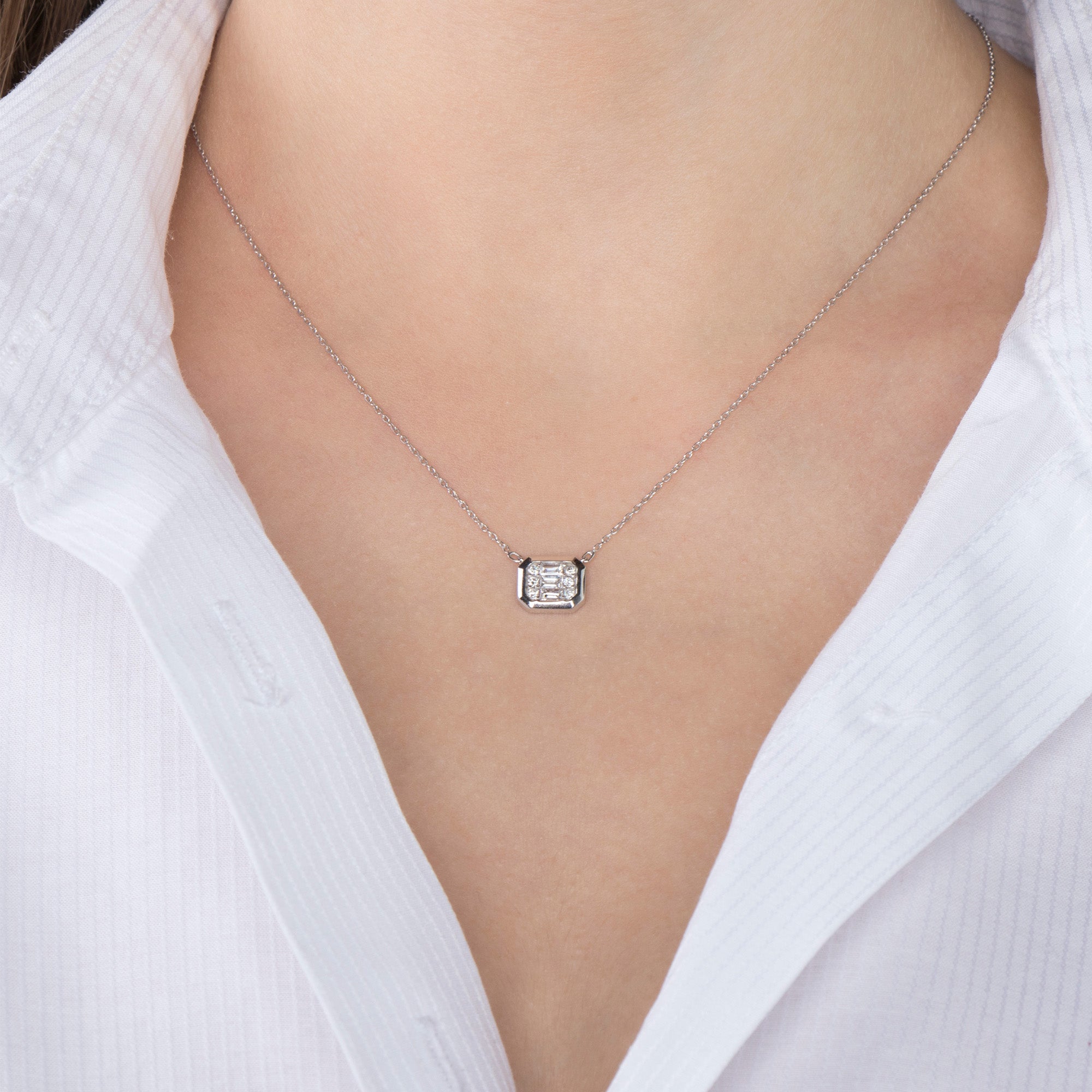 Baguette and Round Cut Diamond Necklace in 14K Gold